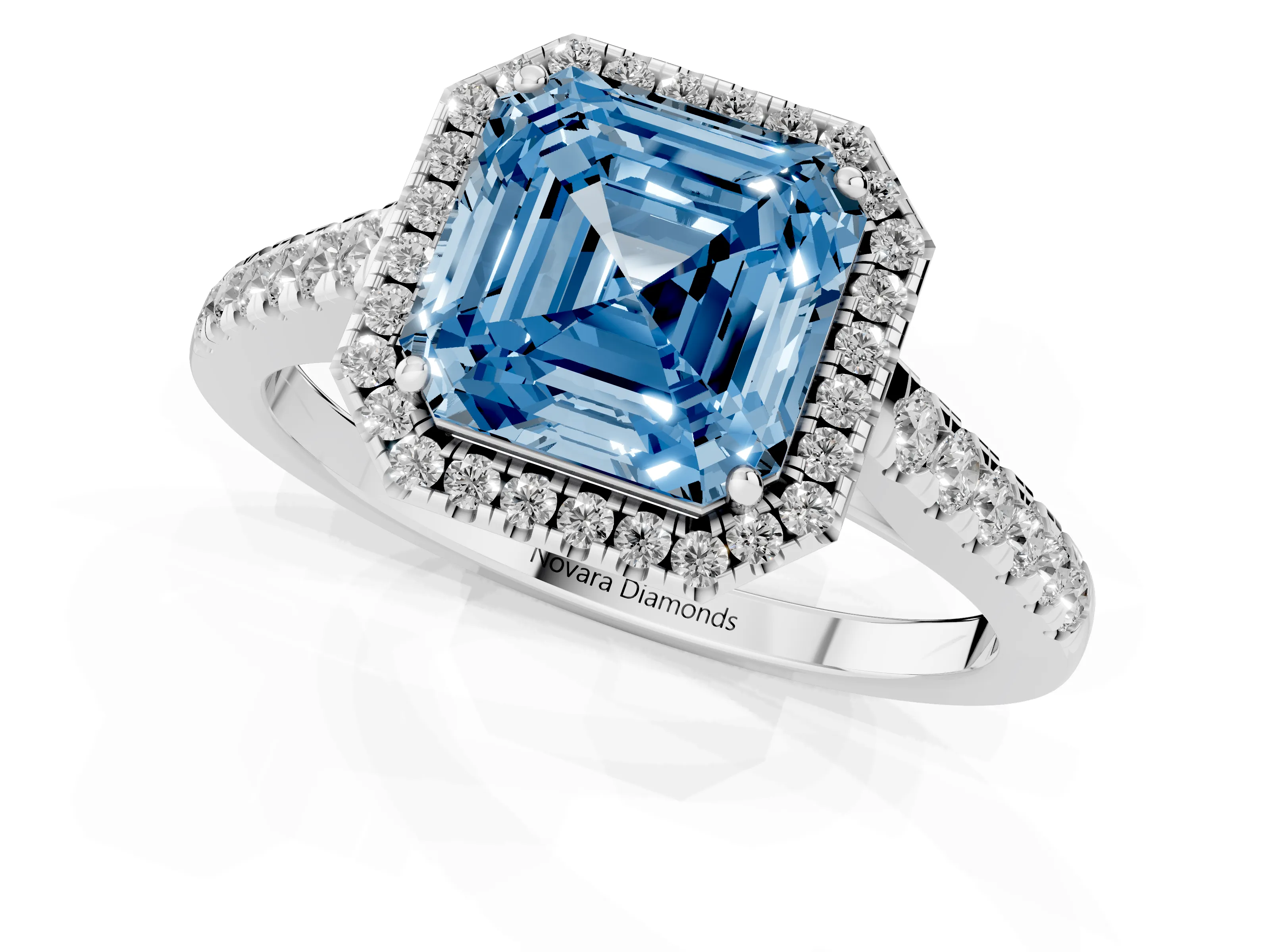 Fancy Blue Asscher Cut Diamond Halo Pavé Engagement Ring Set in White gold with Prong Setting