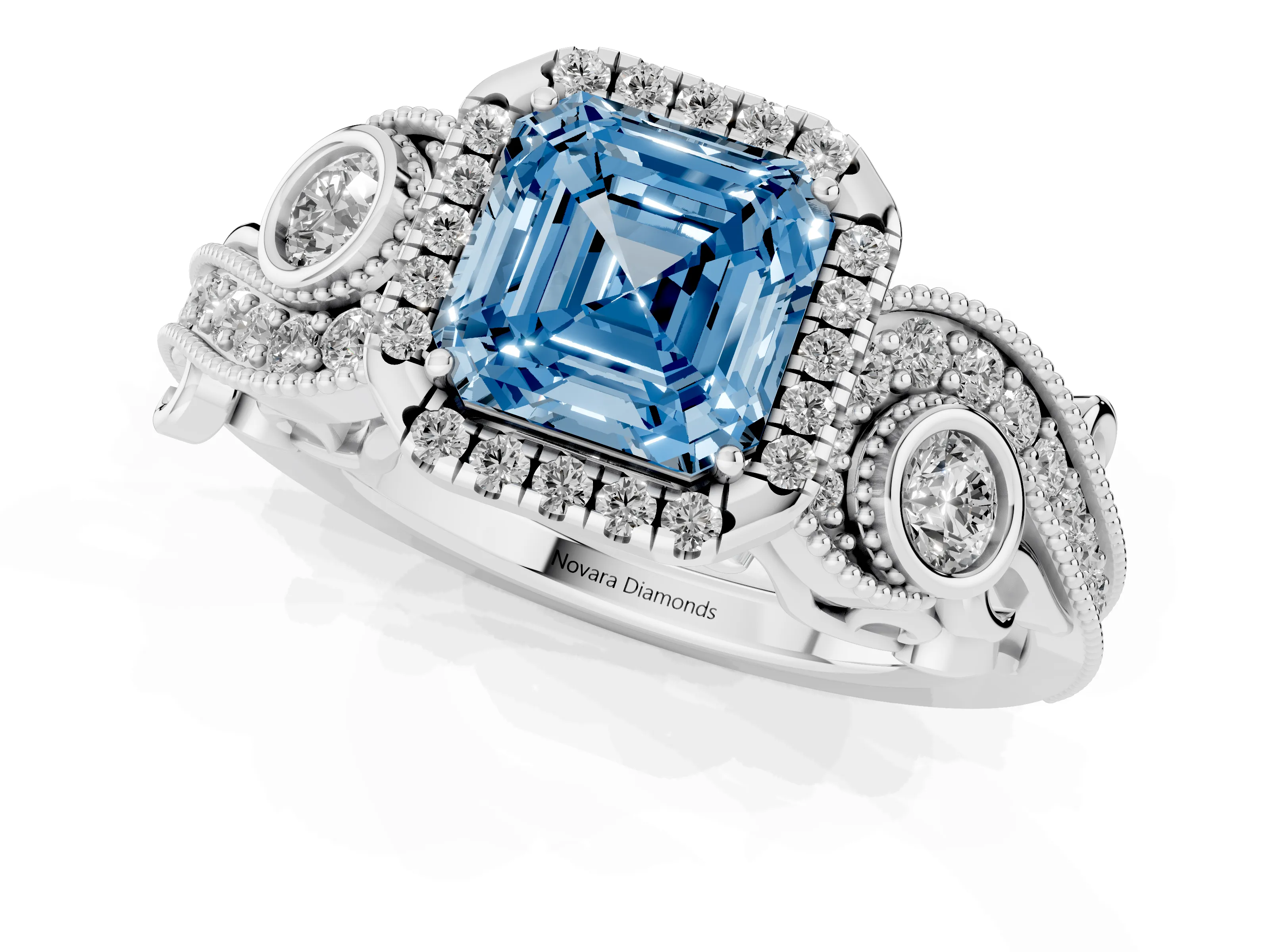 Fancy Blue Asscher Cut Diamond Halo Ring Set in Silver with Milgrain Pavé Band and Prong Setting