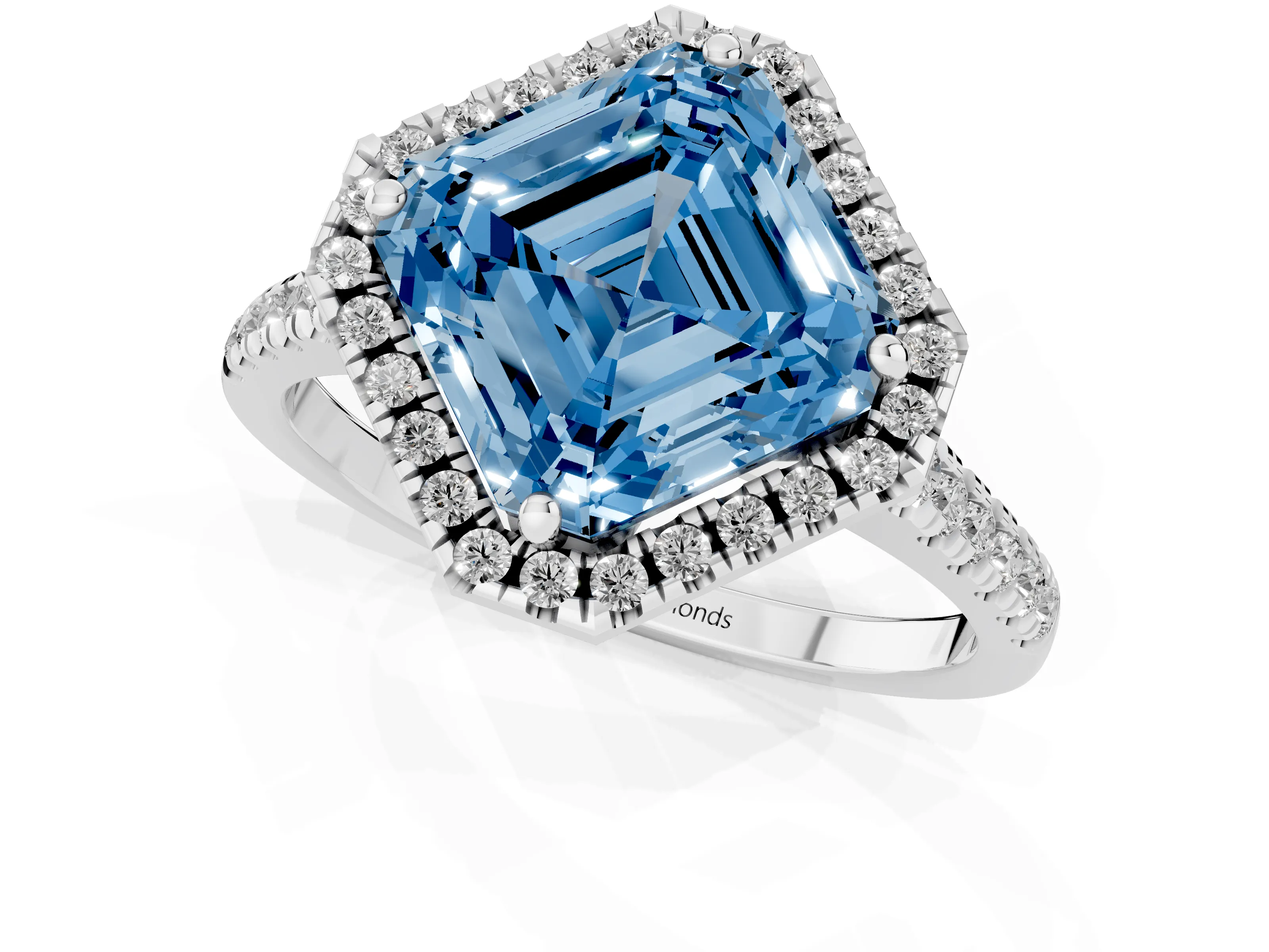 Fancy Blue Asscher Cut Diamond Cushion Halo Ring Set in White gold with Pavé Band – second view