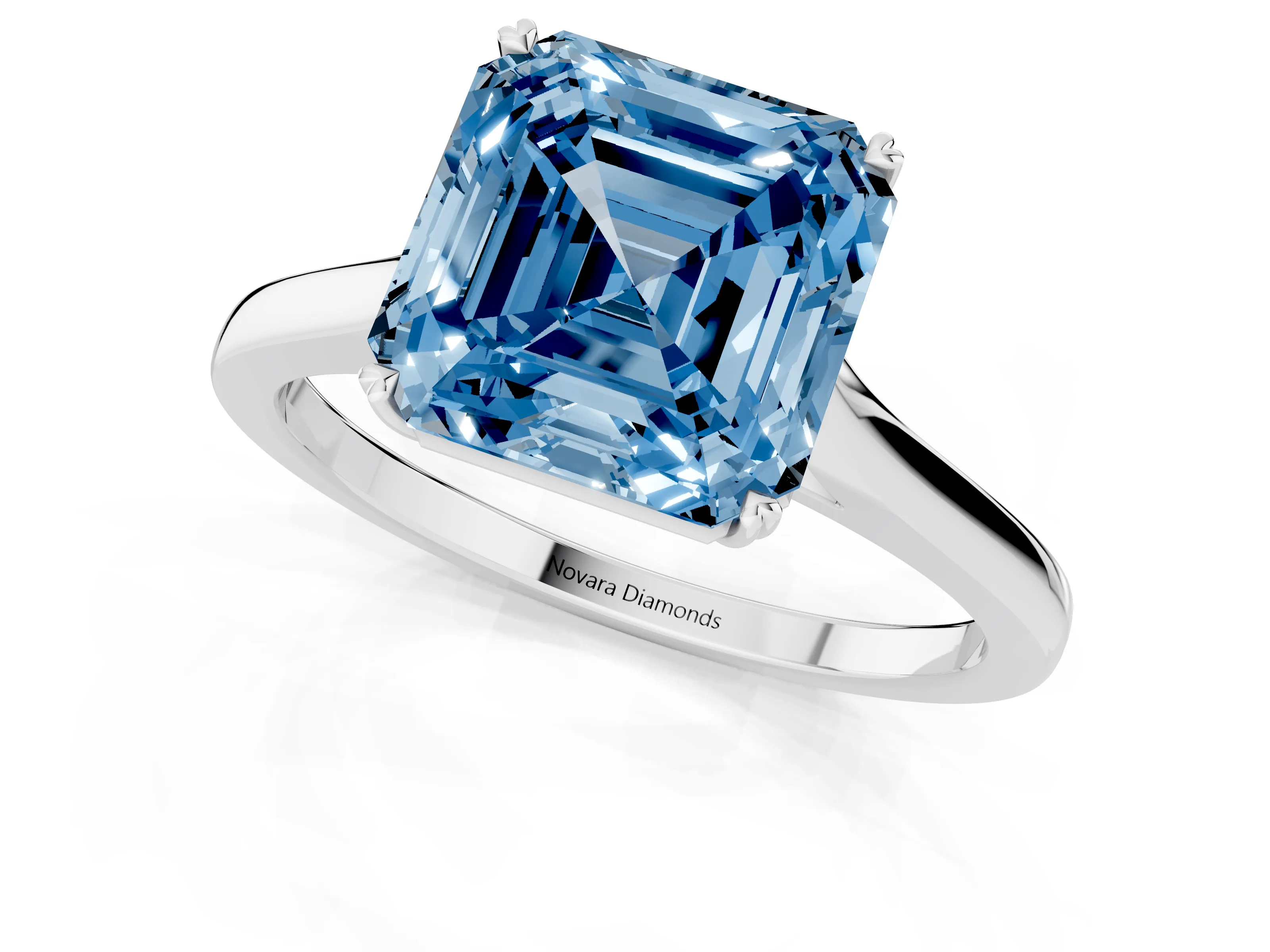 Fancy Blue Asscher Cut Diamond Solitaire Heart Prong Engagement Ring Set in Platinum with Tapered Band