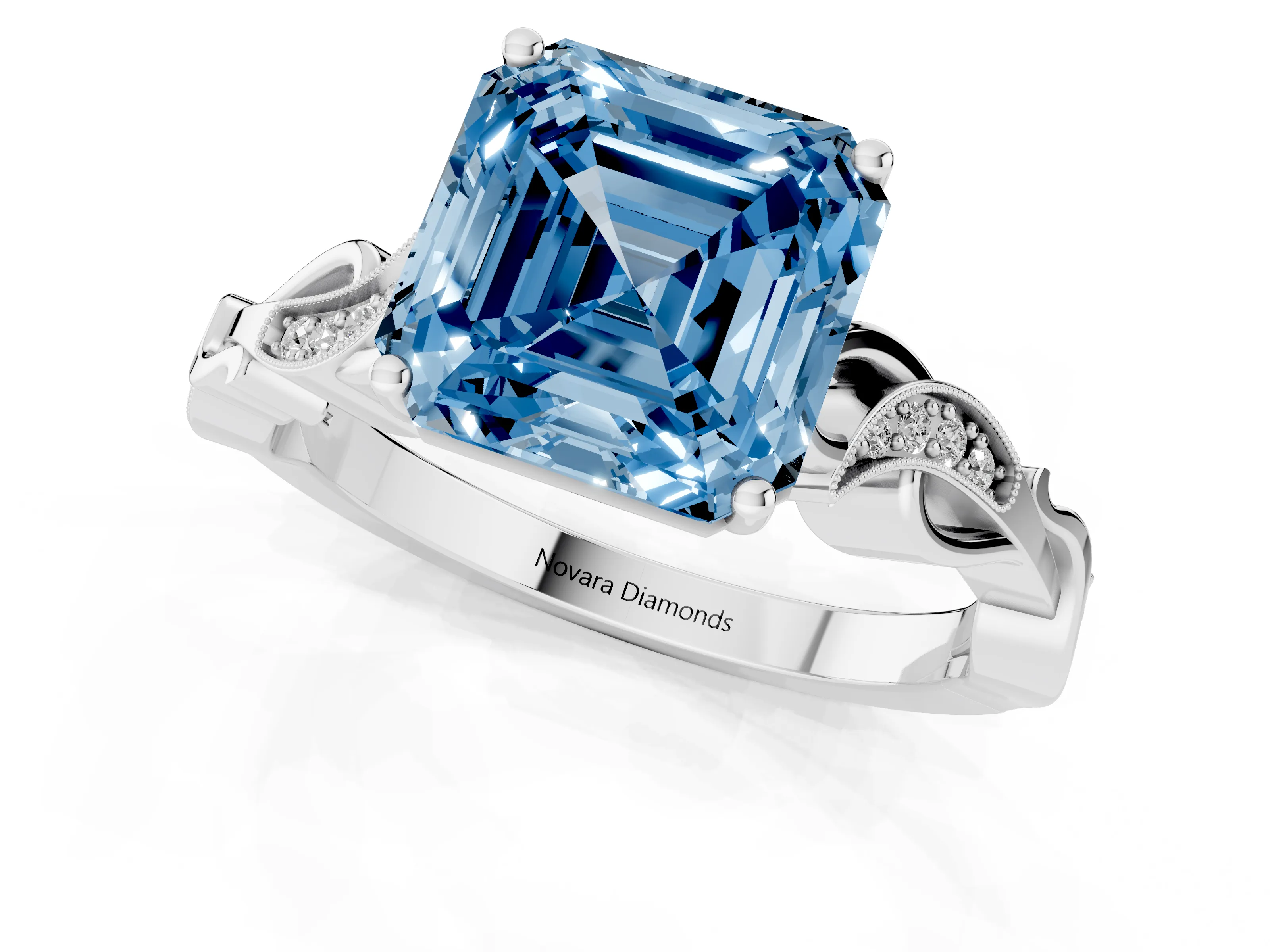 Fancy Blue Asscher Cut Diamond Vine Band Solitaire Ring Set in Platinum with Milgrain Prong Setting