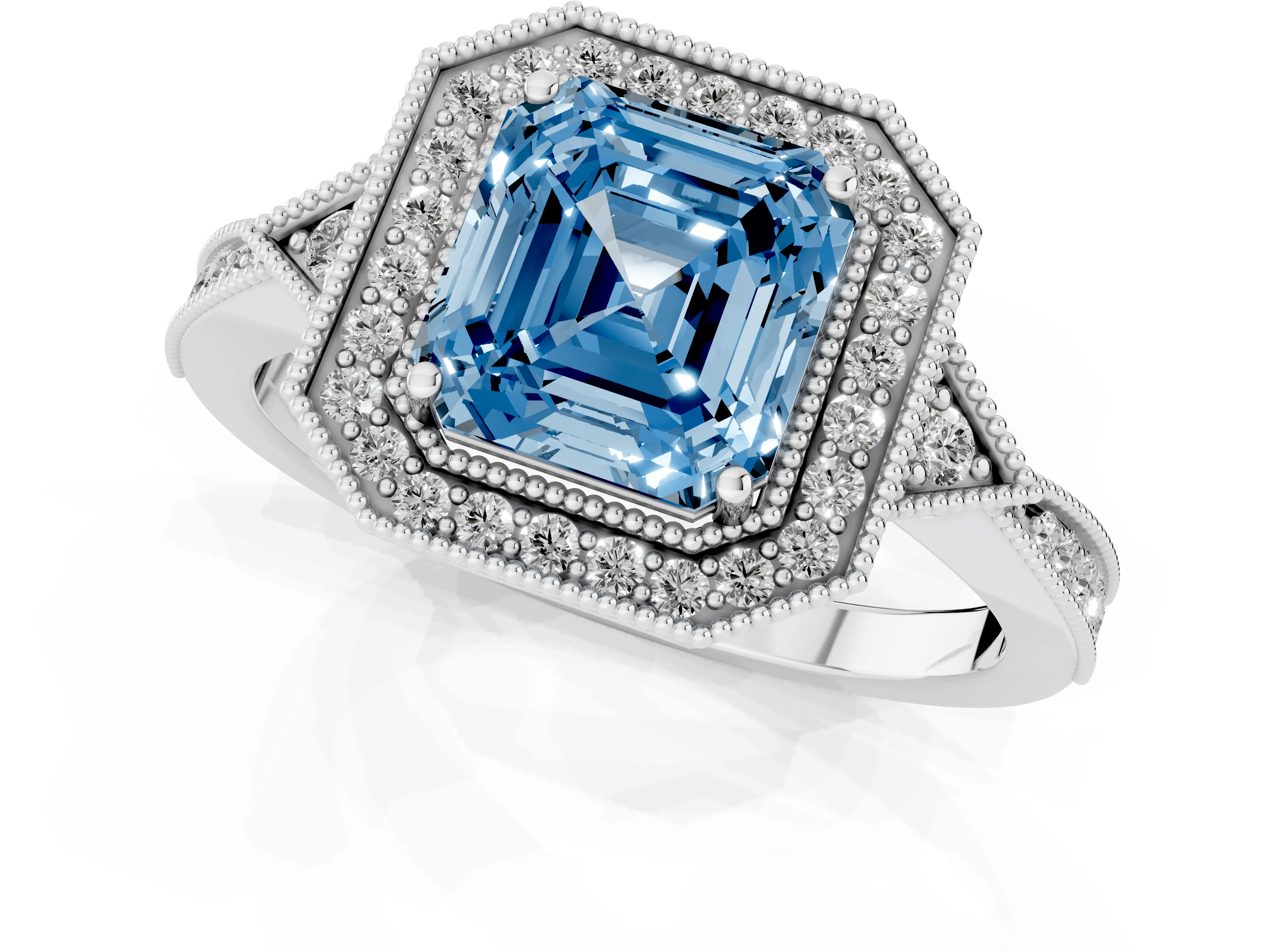Fancy Blue Asscher Cut Diamond Halo Engagement Ring Set in White gold with Milgrain Pavé Band