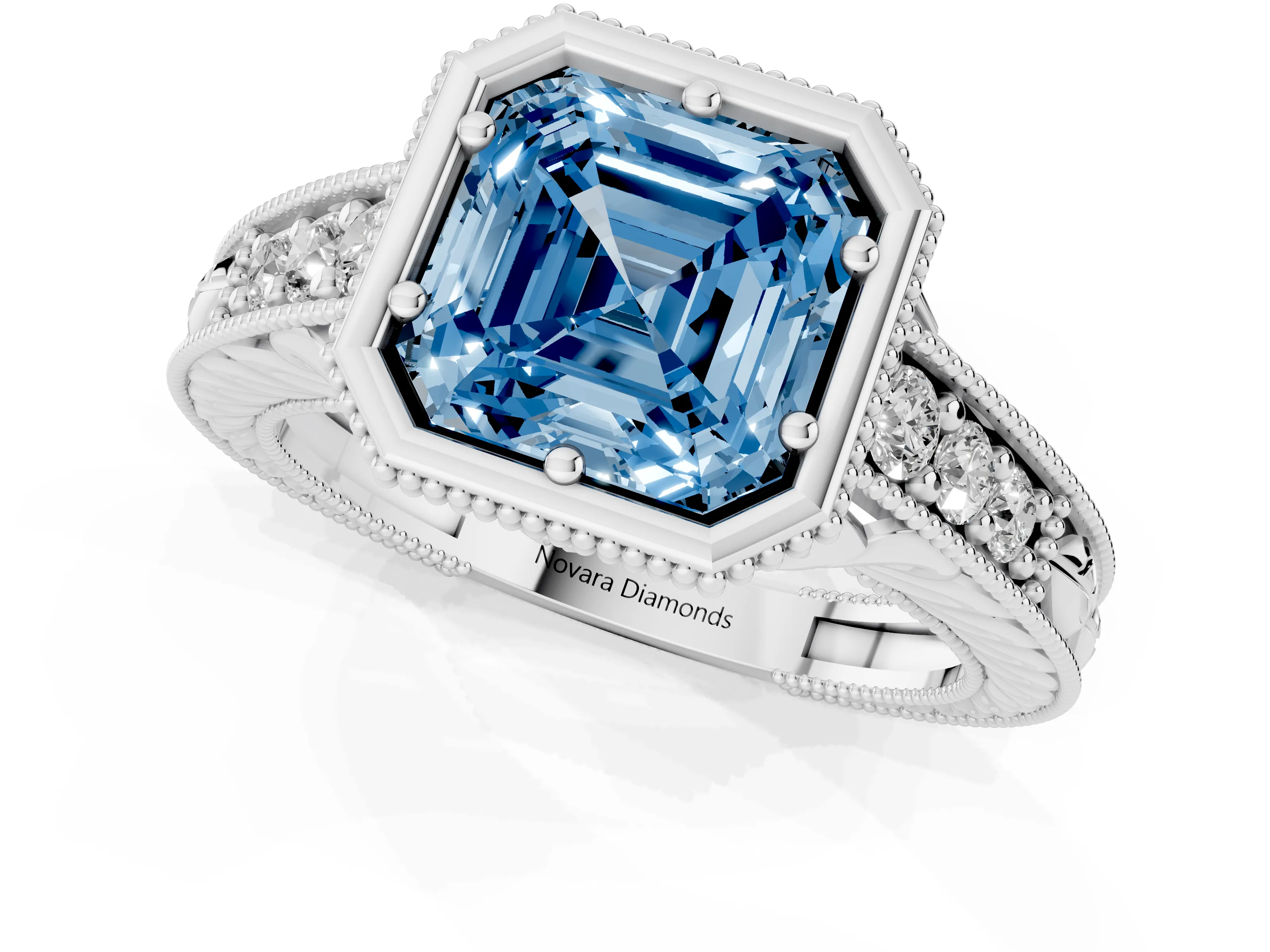 Fancy Blue Bezel Set Asscher Cut Diamond Milgrain Pavé Engagement Ring Set in Silver