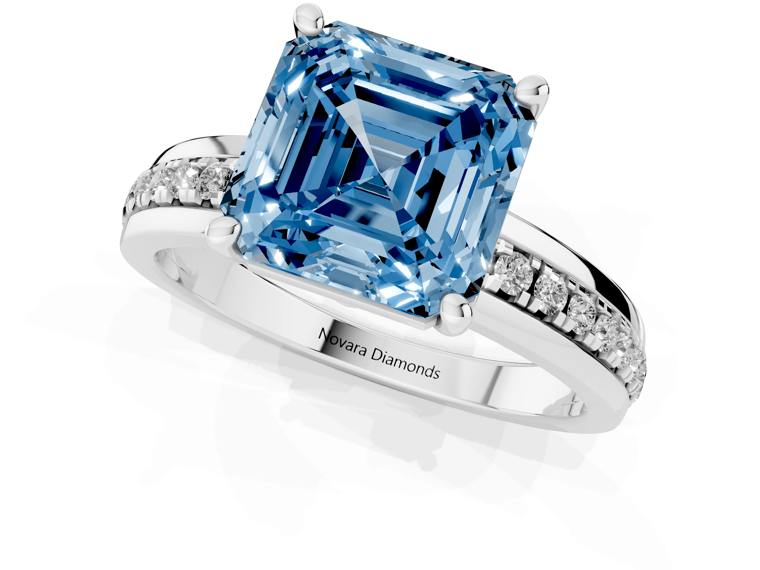 Fancy Blue Asscher Cut Diamond Solitaire Ring Set in White gold with Channel Set Band and Prong Setting