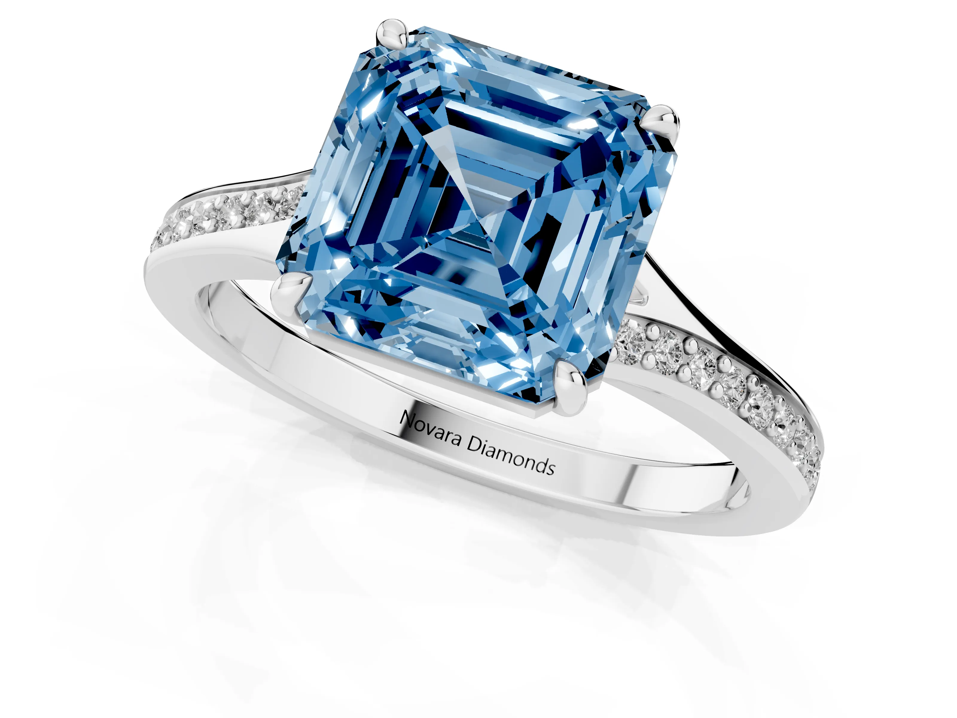 Fancy Blue Asscher Cut Diamond Solitaire Ring Set in Platinum with Pavé Accent Band and Classic Prong Setting – second view