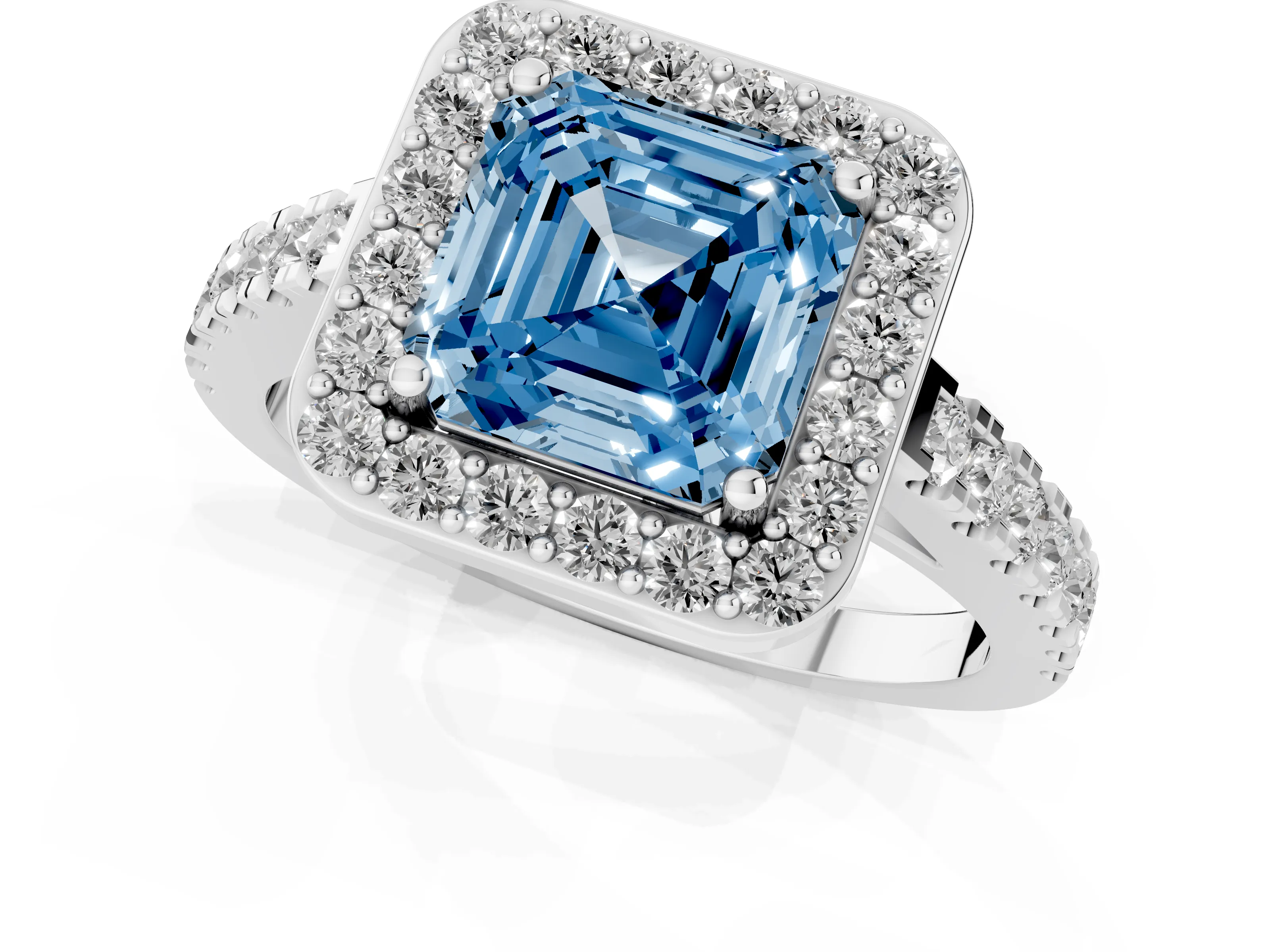 Fancy Blue Asscher Cut Diamond Halo Ring Set in Silver with Round Pavé Split Shank and Prong Setting