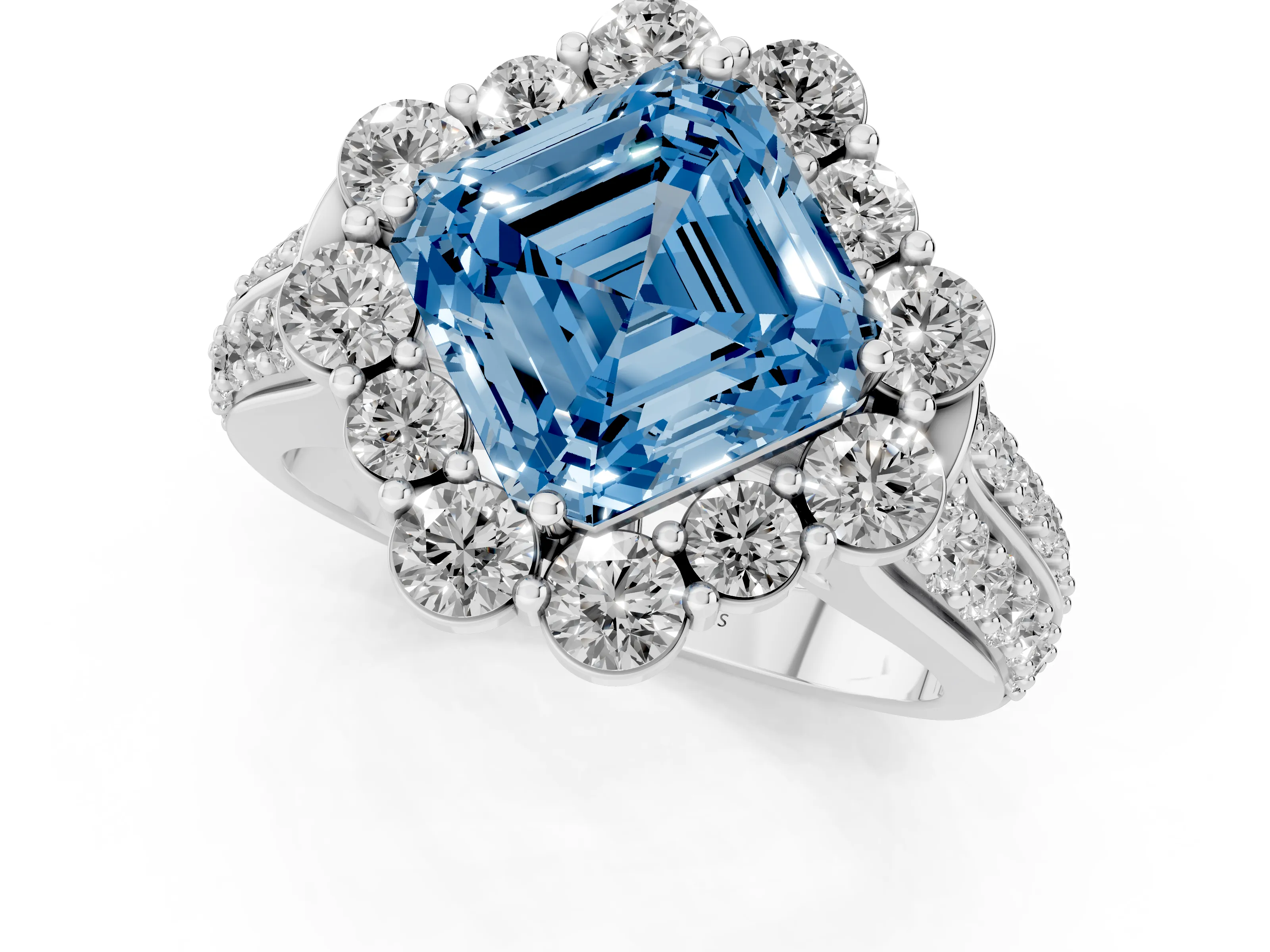 Fancy Blue Asscher Cut Diamond Halo Engagement Ring Set in Silver with Split Shank and Prong Setting