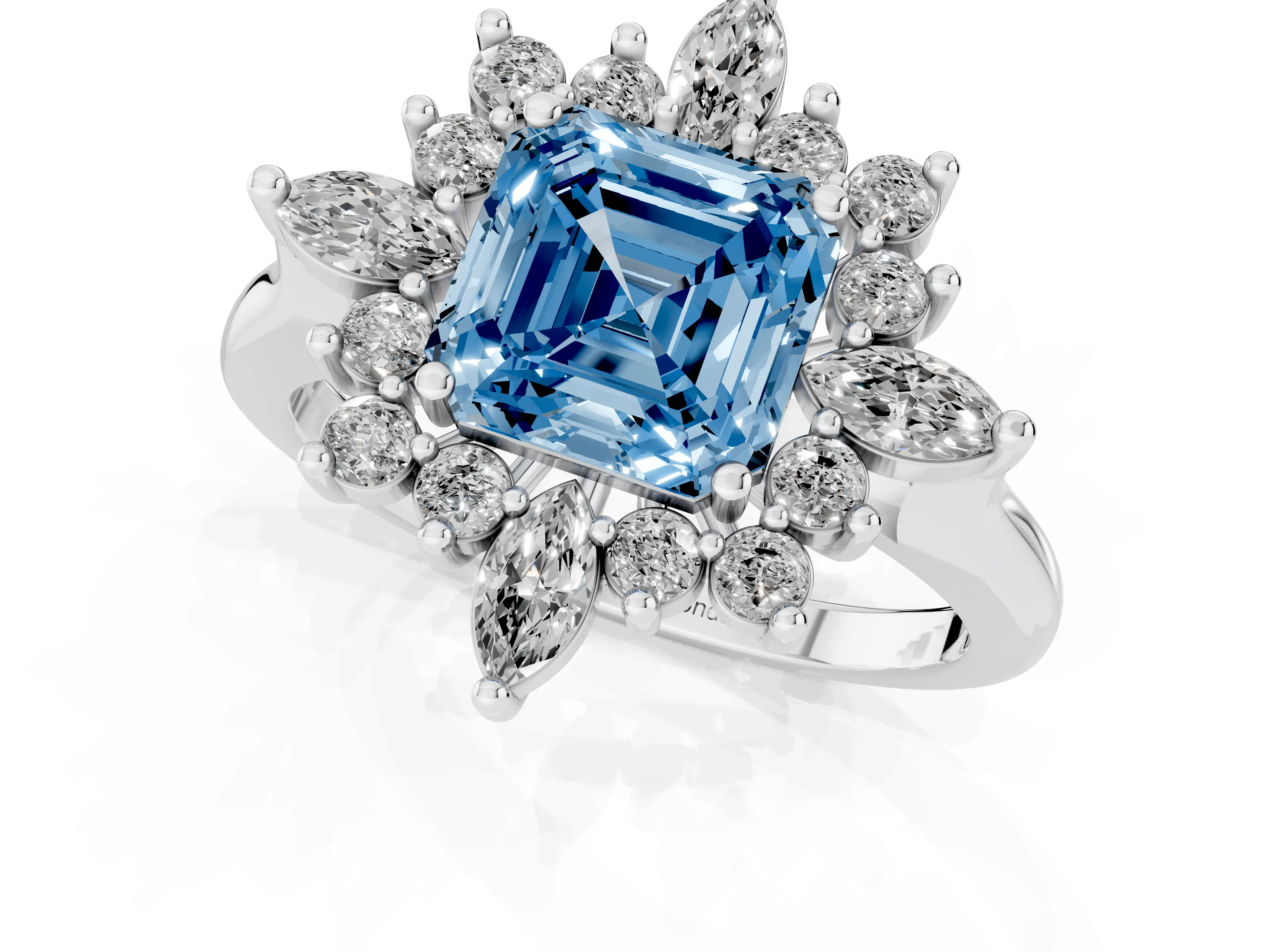 Fancy Blue Asscher Cut Diamond Cluster Halo Ring Set in Silver with Marquise and Round Accents