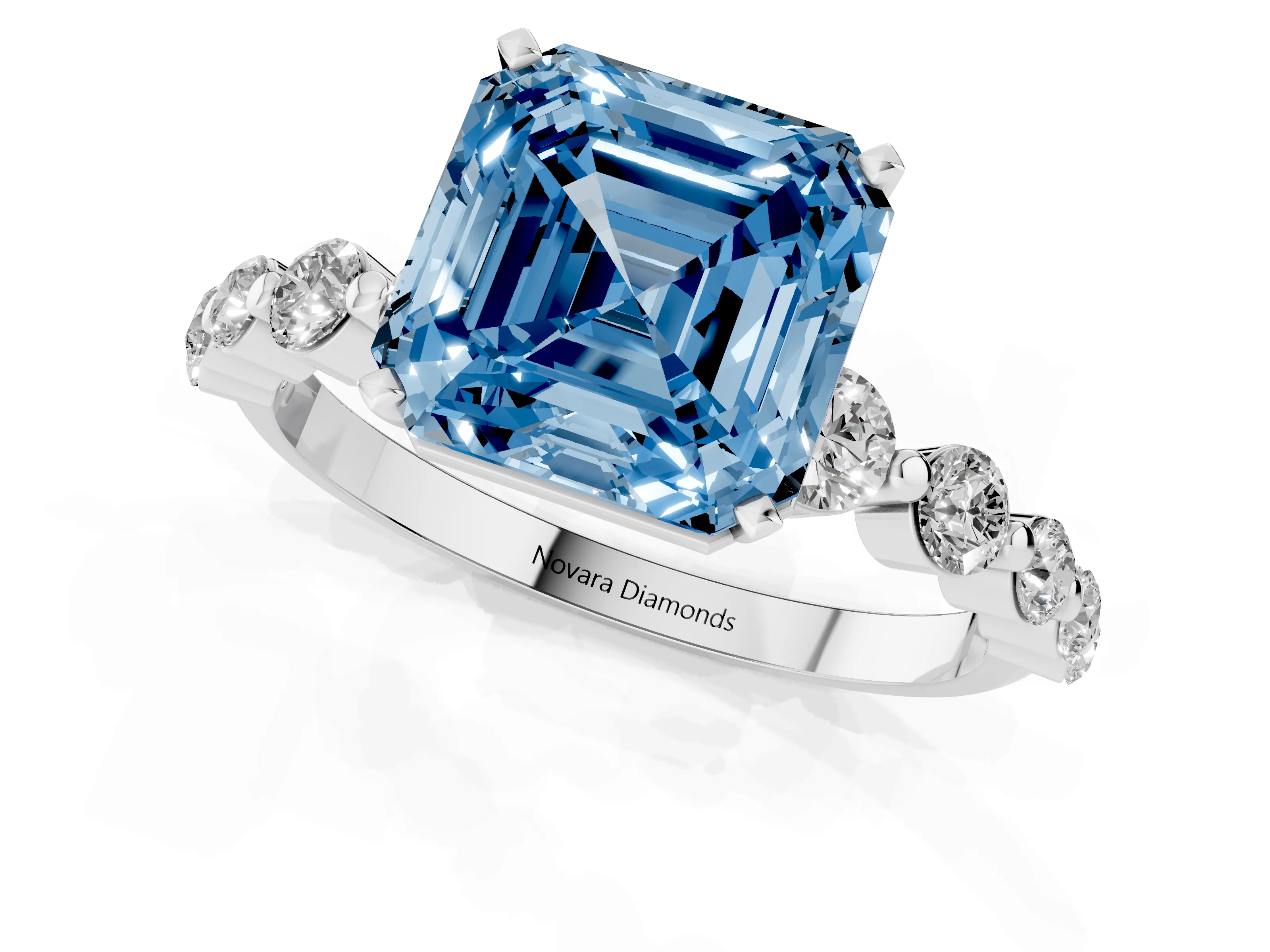 Fancy Blue Asscher Cut Diamond Solitaire Ring Set in Platinum with Pavé Band and Prong Setting