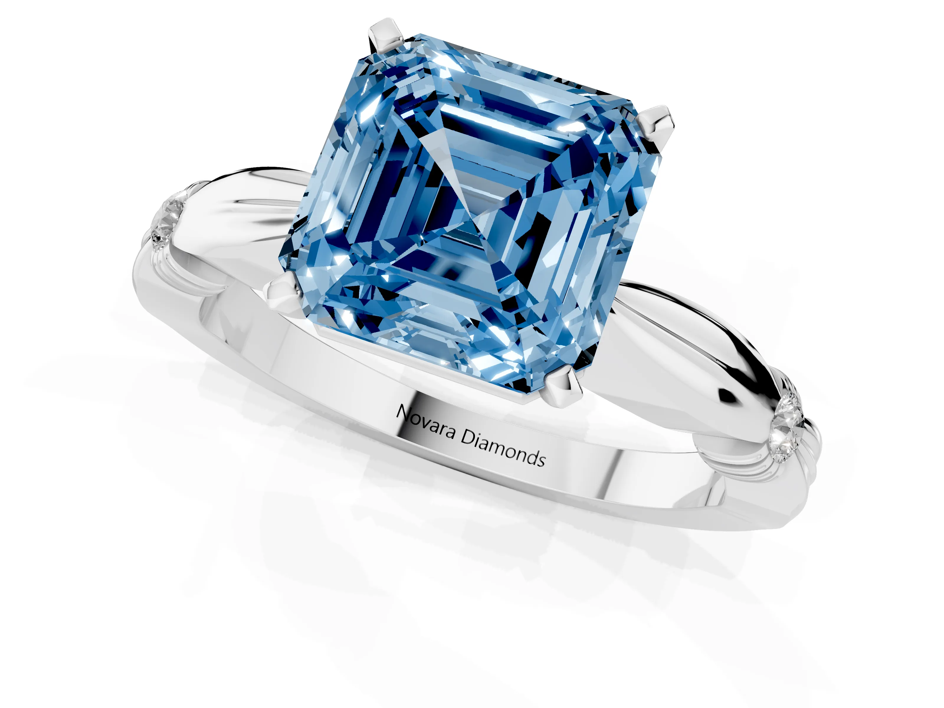 Fancy Blue Asscher Cut Diamond Solitaire Twisted Band Ring Set in Platinum with Accent Stones and Prong Setting