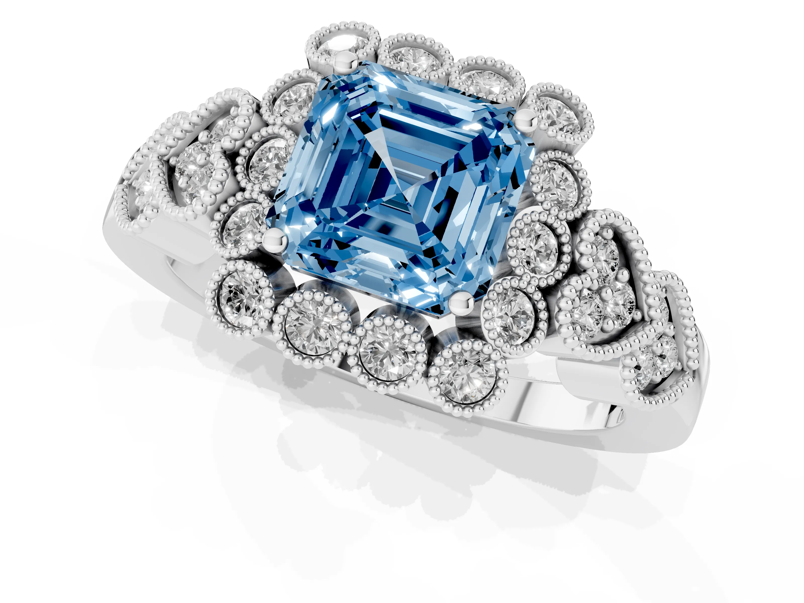 Fancy Blue Asscher Cut Diamond Solitaire Ring Set in White gold with Milgrain Pavé Heart Band – second view