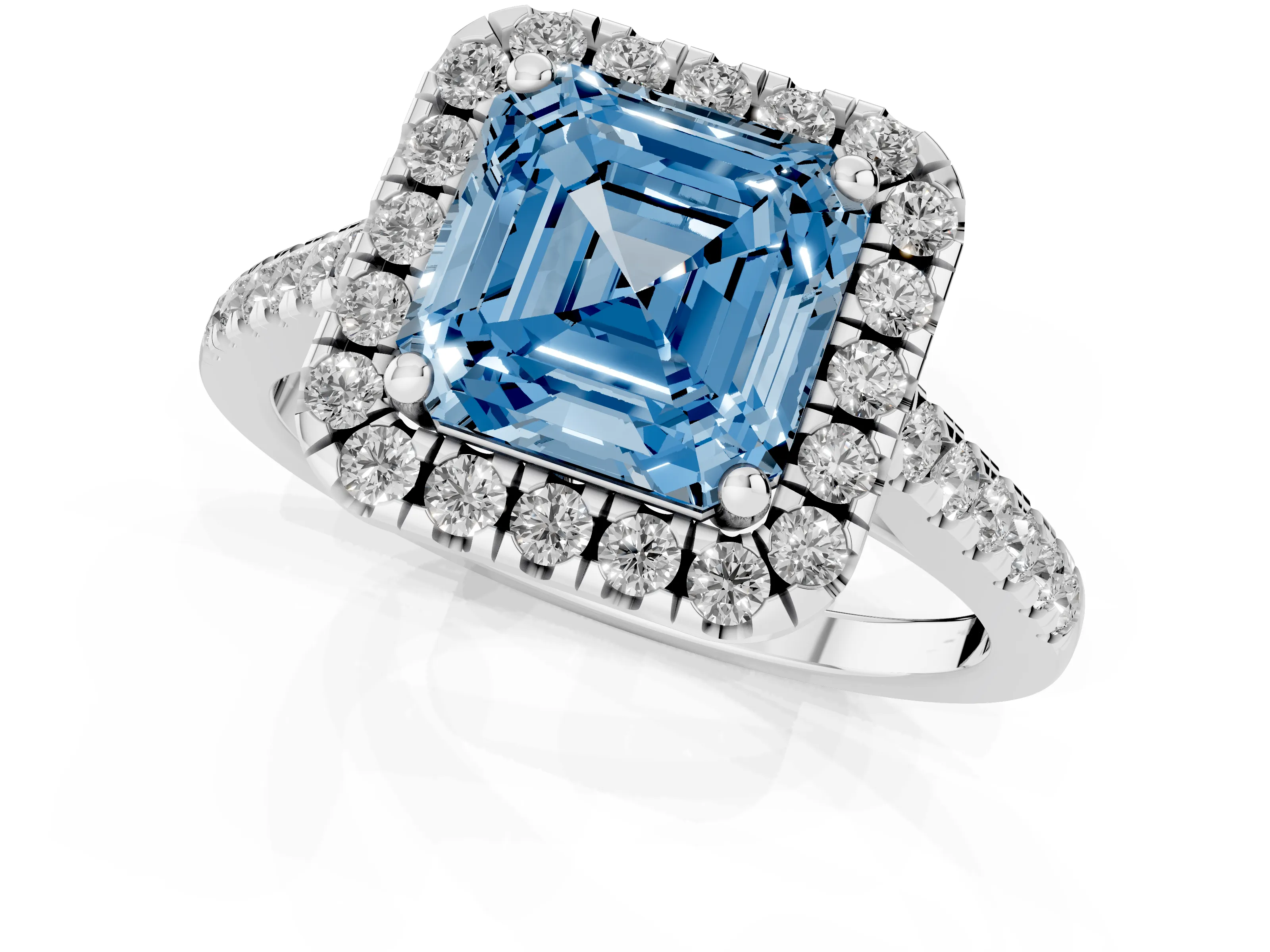 Fancy Blue Asscher Cut Diamond Pavé Halo Engagement Ring Set in White gold with Pavé Band and Prong Setting