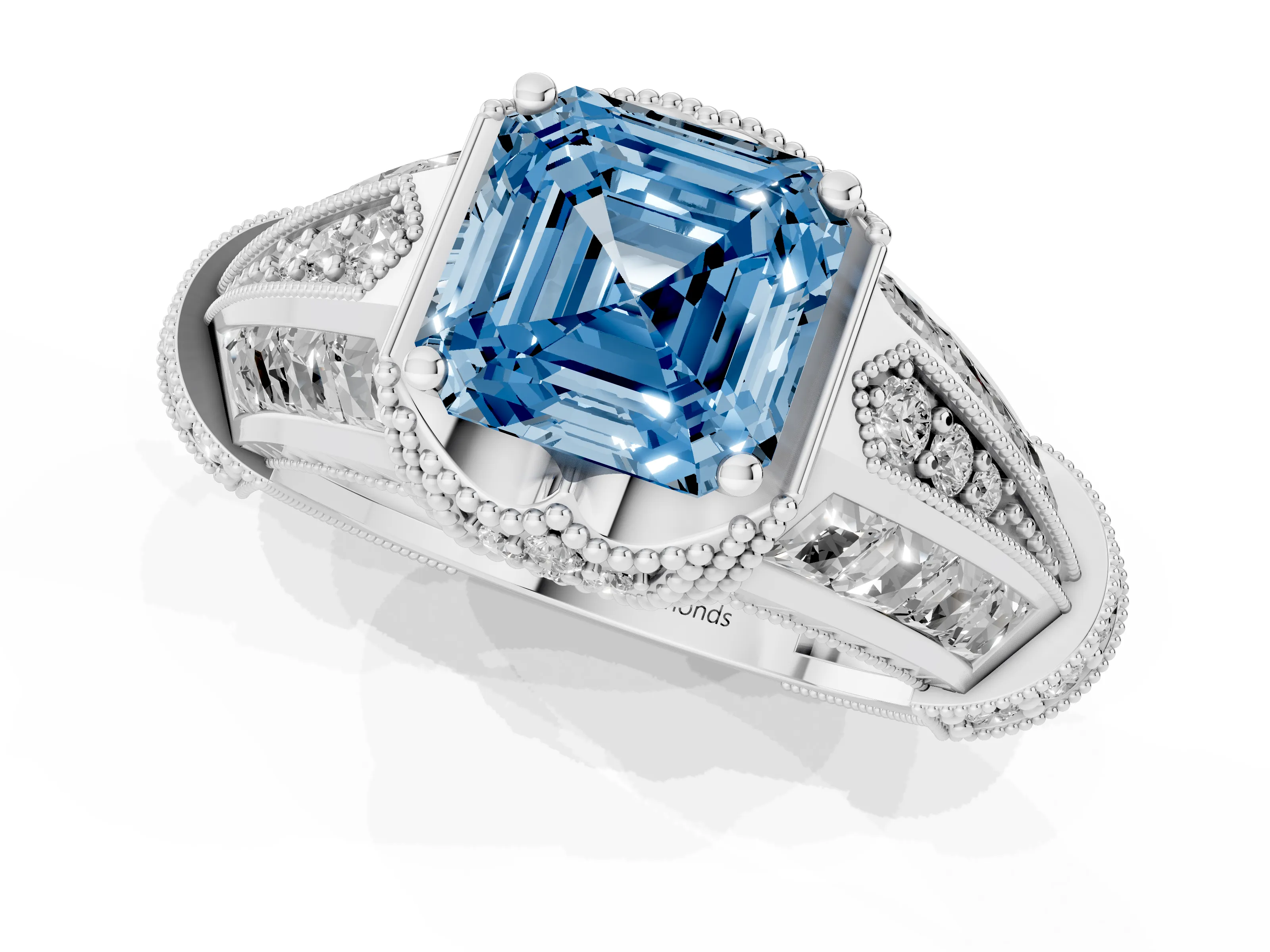 Fancy Blue Asscher Cut Diamond Vintage-Inspired Milgrain Ring Set in Platinum with Accent Split Shank