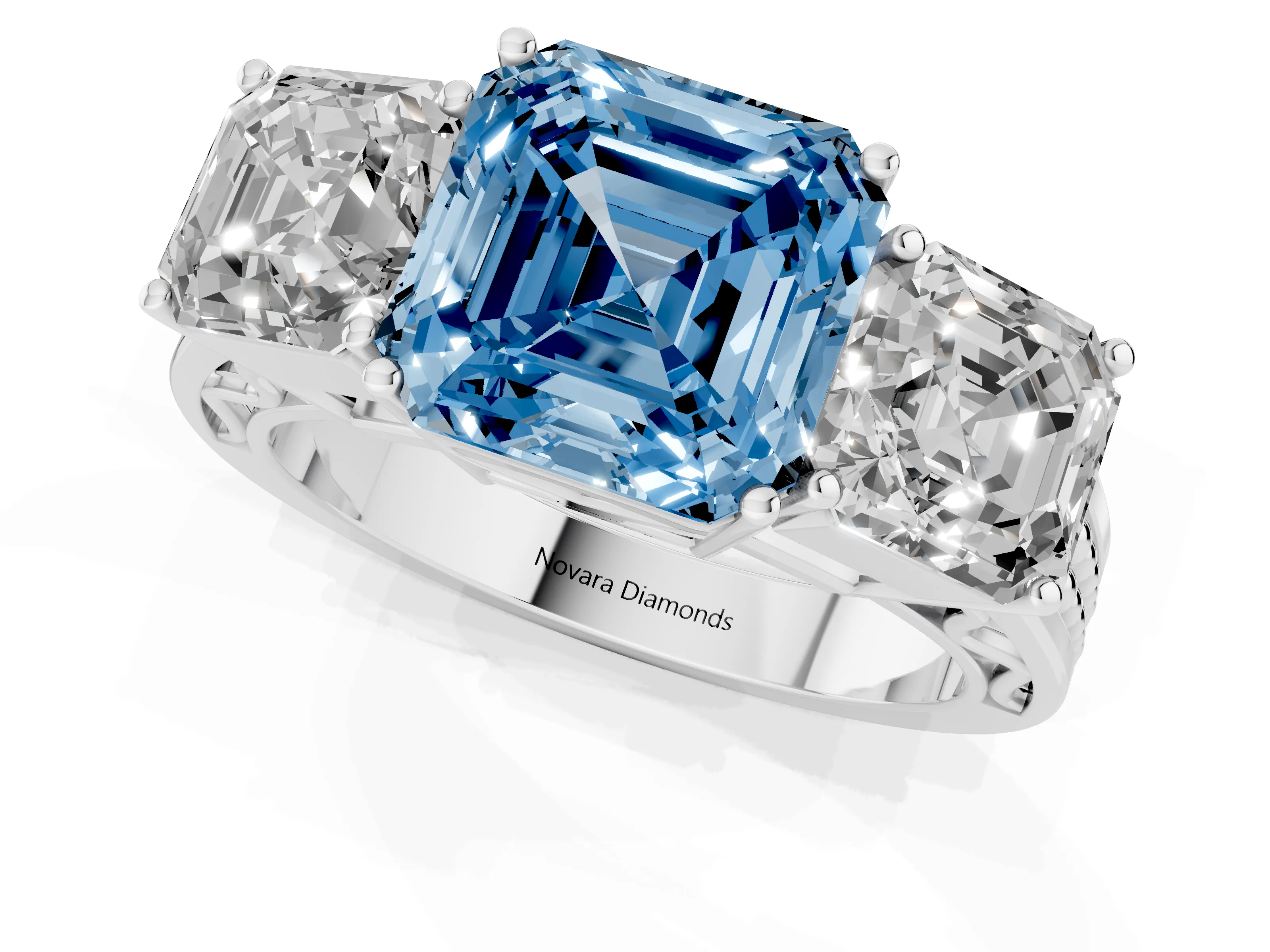Fancy Blue Asscher Cut Diamond Three-Stone Ring Set in White gold with Textured Band