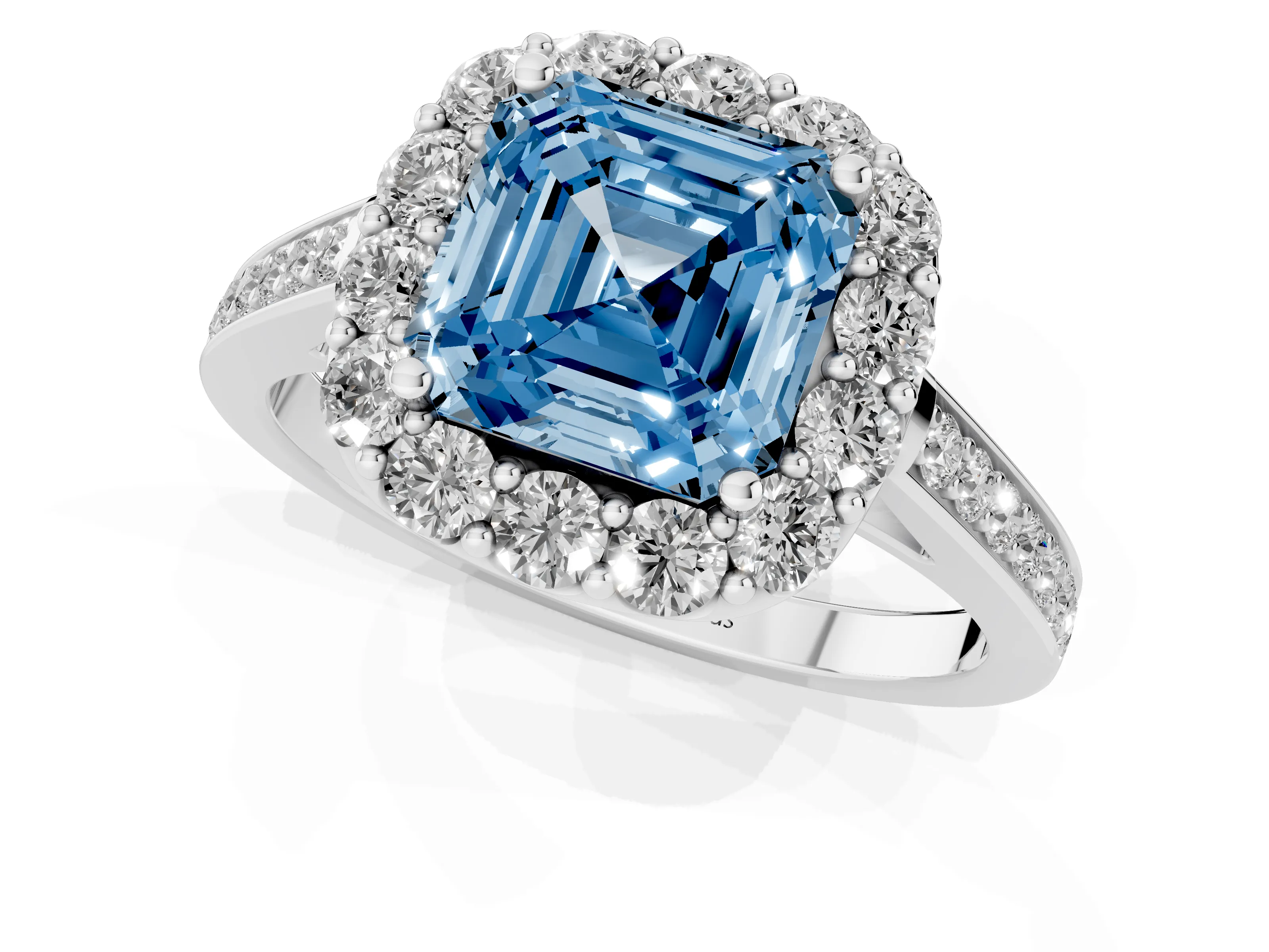 Fancy Blue Asscher Cut Diamond Floral Halo Ring Set in Silver with Pavé Band and Prong Setting