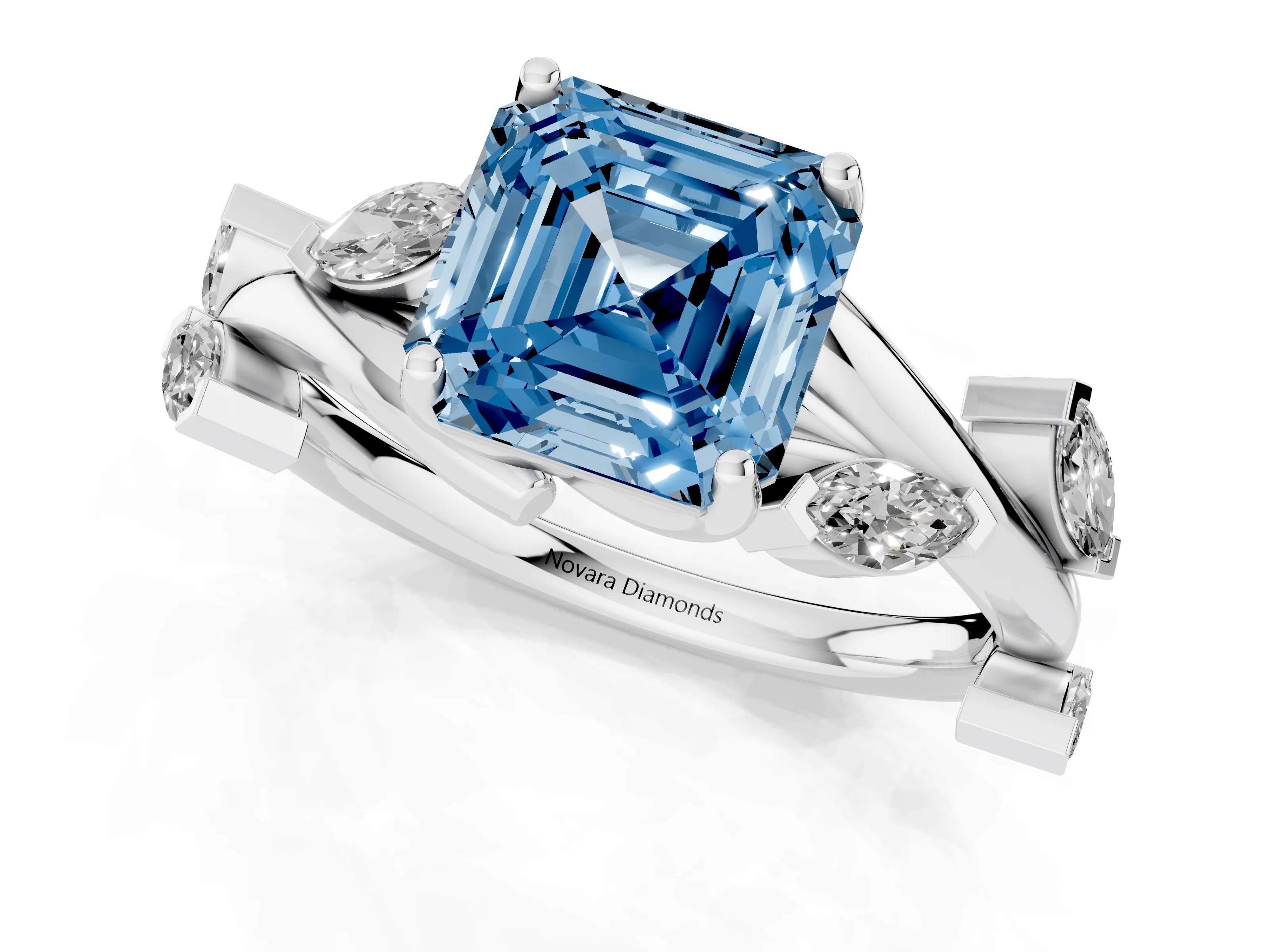 Fancy Blue Asscher Cut Diamond Solitaire Ring Set in White gold with Twisted Marquise Accent Band