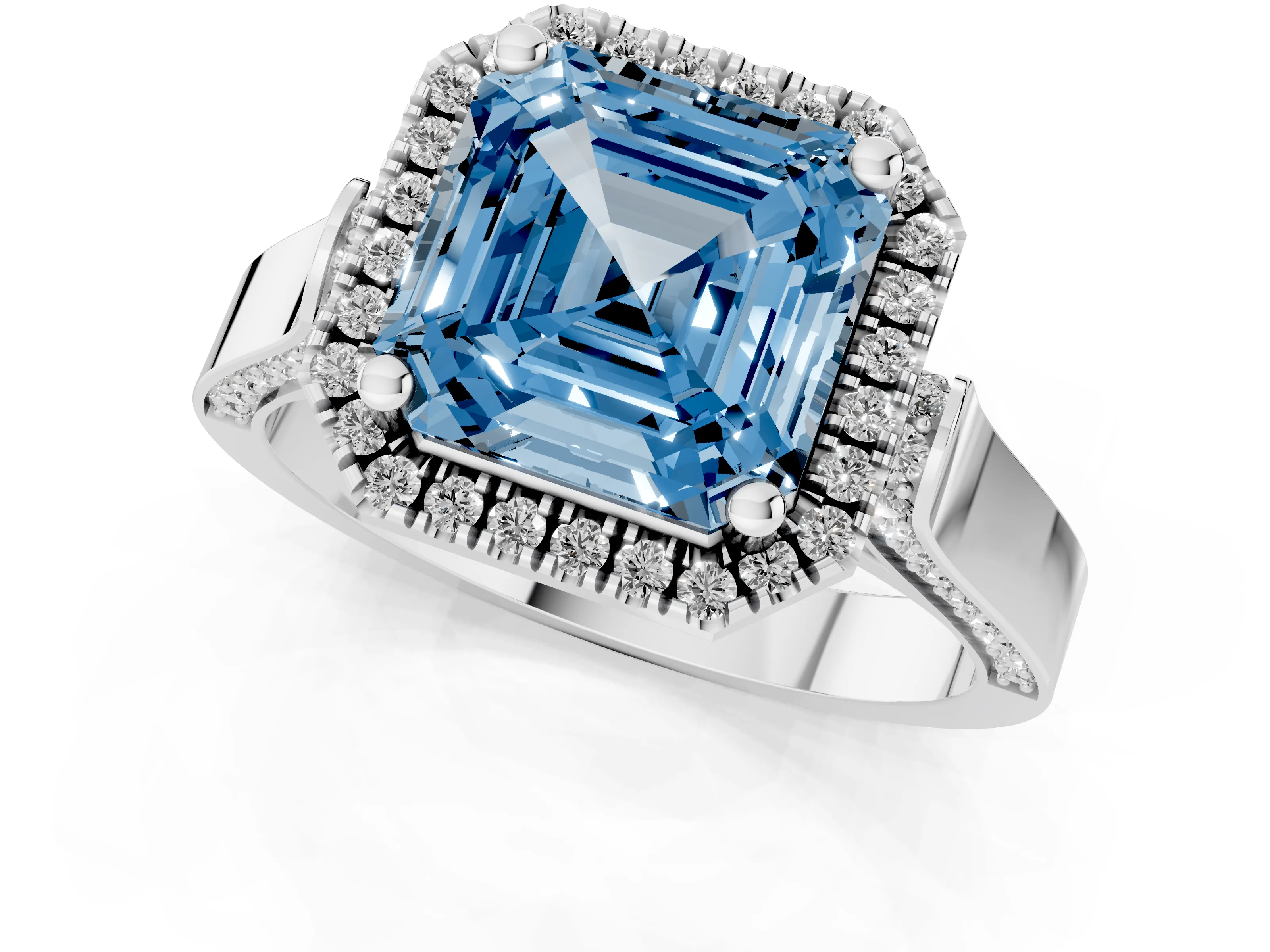 Fancy Blue Asscher Cut Diamond Halo Ring Set in Platinum with Pavé-Lined Split Shank Band