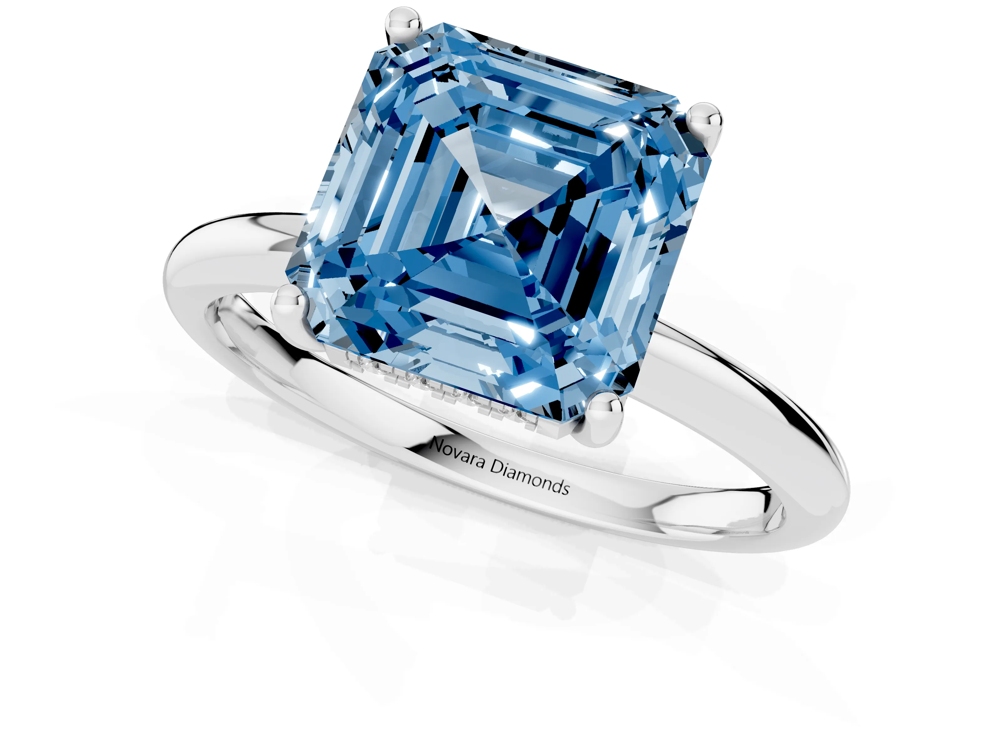Fancy Blue Asscher Cut Diamond Solitaire Engagement Ring Set in White gold with Prong Setting and Polished Band