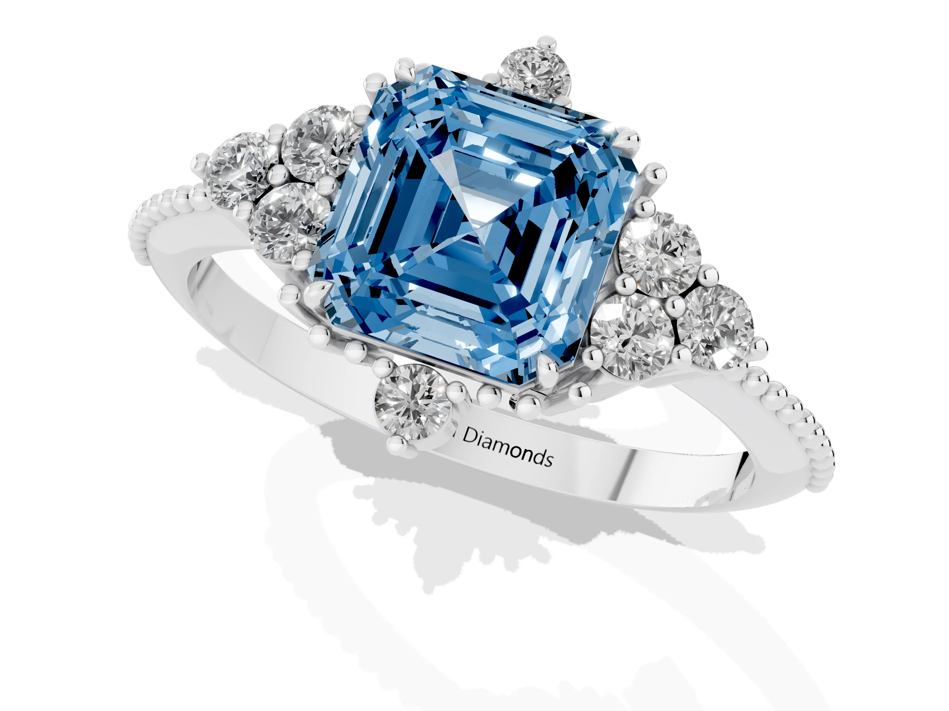Fancy Blue Asscher Cut Diamond Cluster Ring Set in Silver with Beaded Band