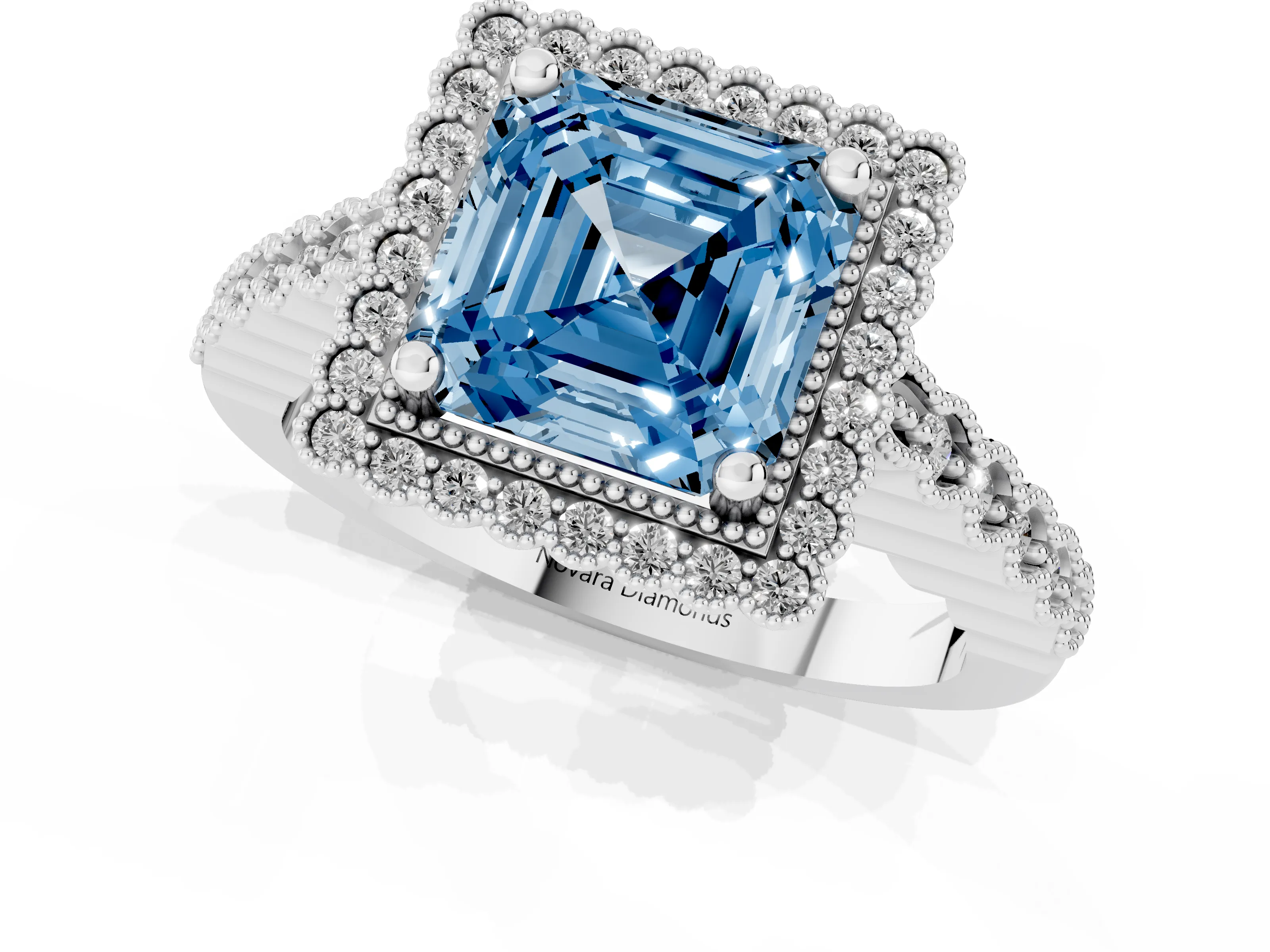 Fancy Blue Asscher Cut Diamond Halo Ring Set in Platinum with Pavé Milgrain Band