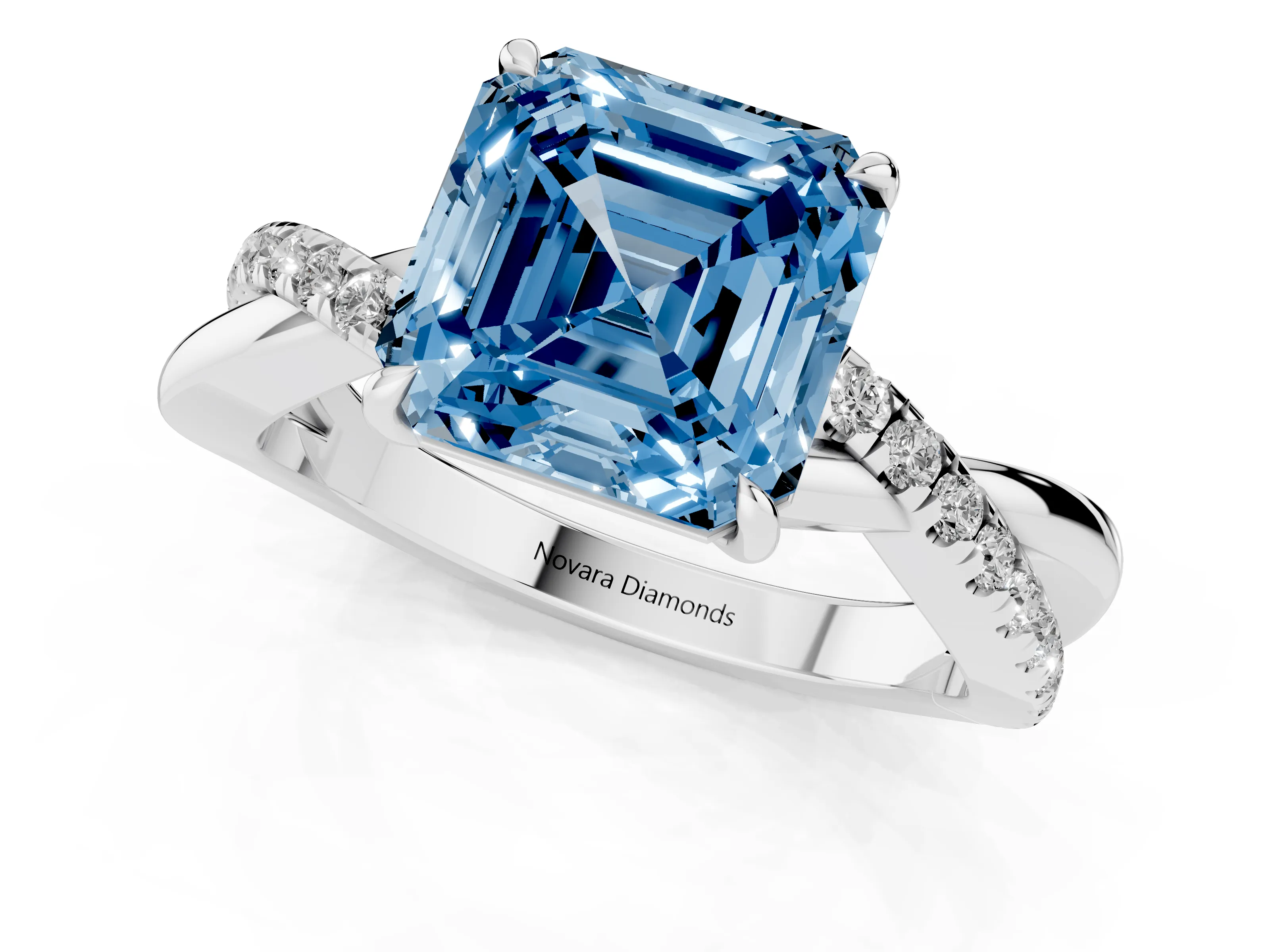Fancy Blue Asscher Cut Diamond Twisted Pavé Band Ring Set in Silver with Prong Setting