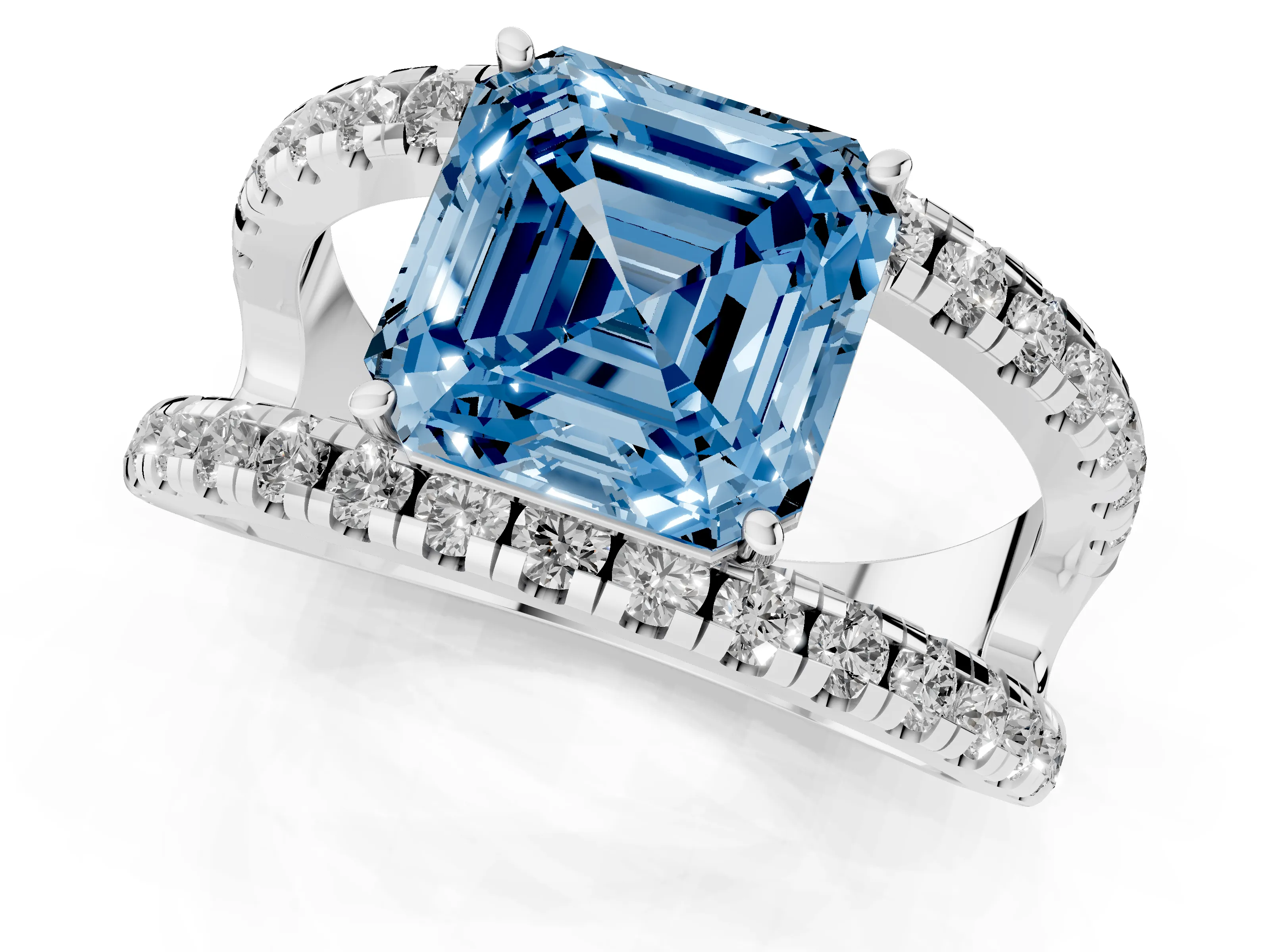Fancy Blue Asscher Cut Diamond Split Shank Pavé Solitaire Ring Set in Silver with Open Shank Design