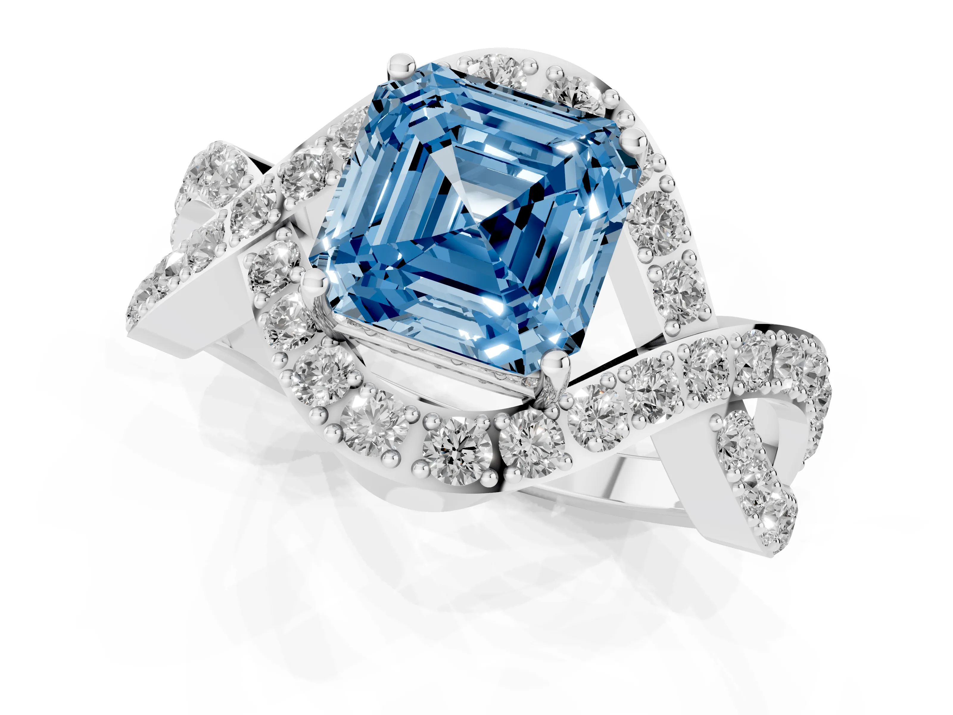 Fancy Blue Asscher Cut Diamond Solitaire Twist Band Pavé Engagement Ring Set in Platinum