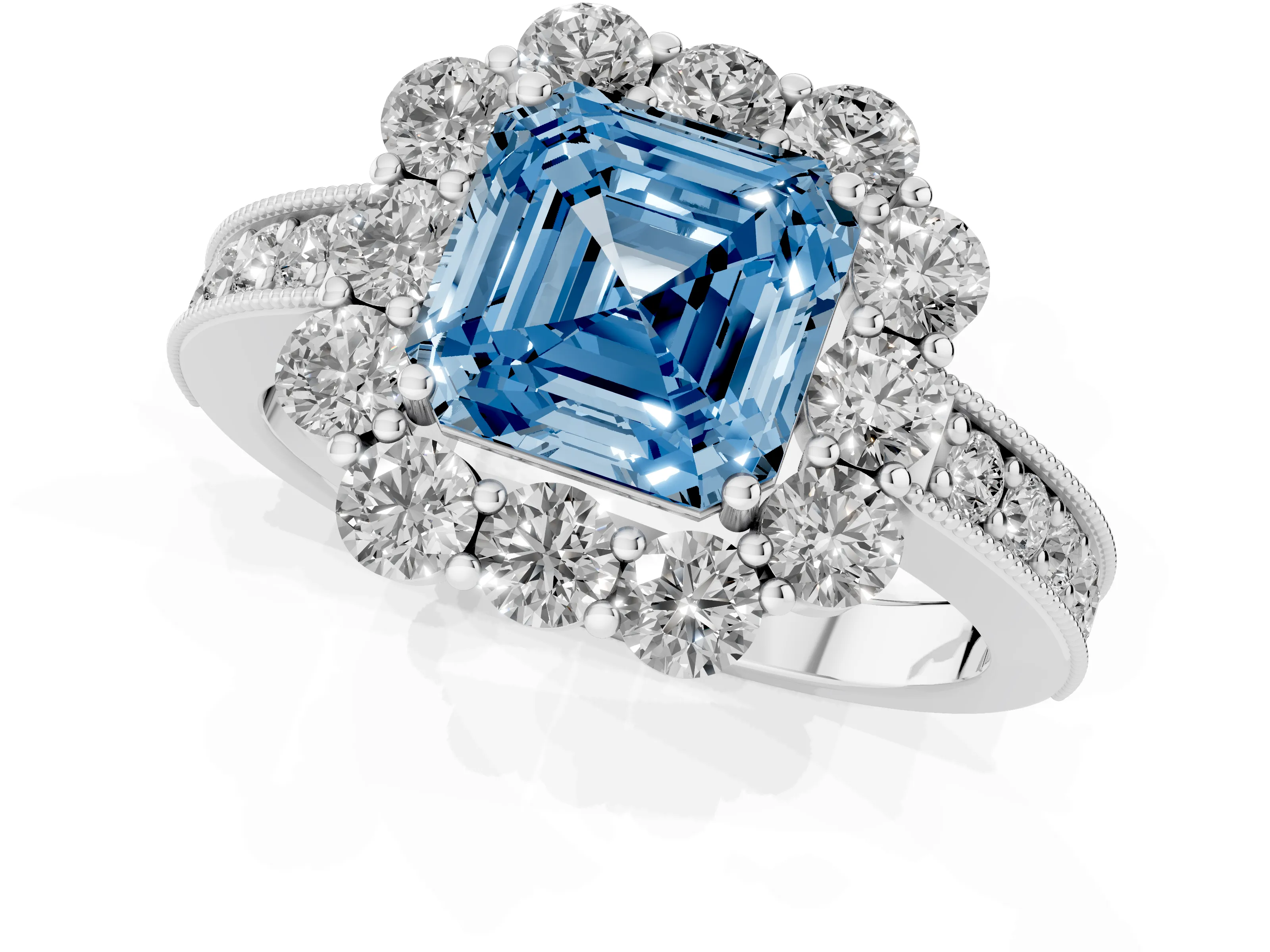 Fancy Blue Asscher Cut Diamond Halo Pavé Engagement Ring Set in Silver with Milgrain Detailing