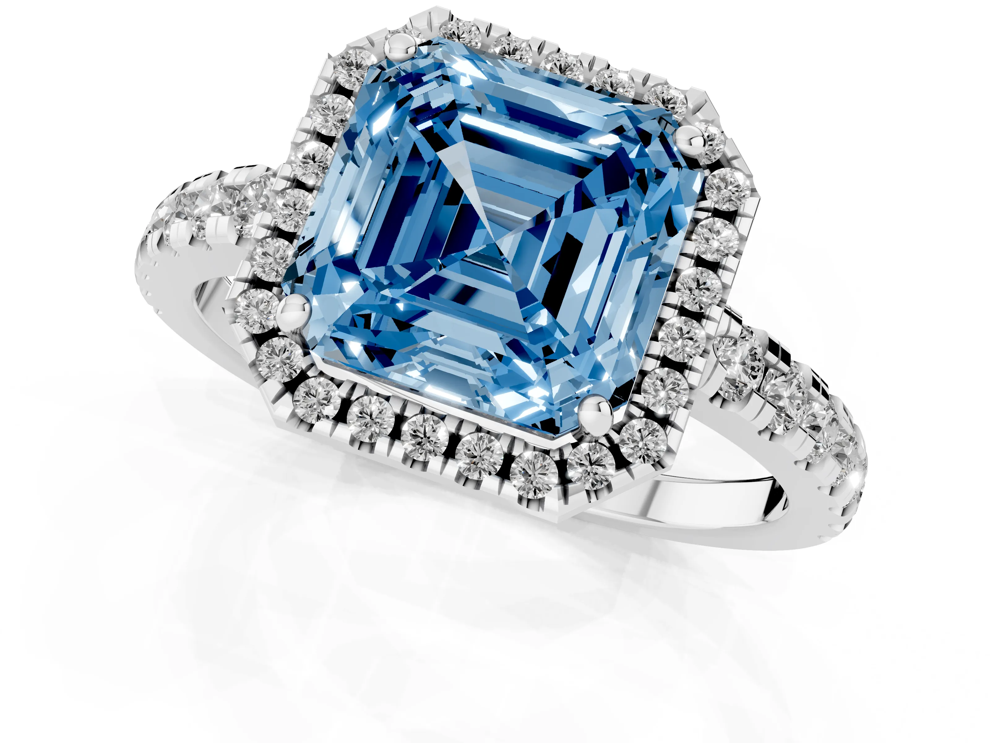 Fancy Blue Asscher Cut Diamond Halo Ring Set in Platinum with Delicate Pavé Band and Prong Setting