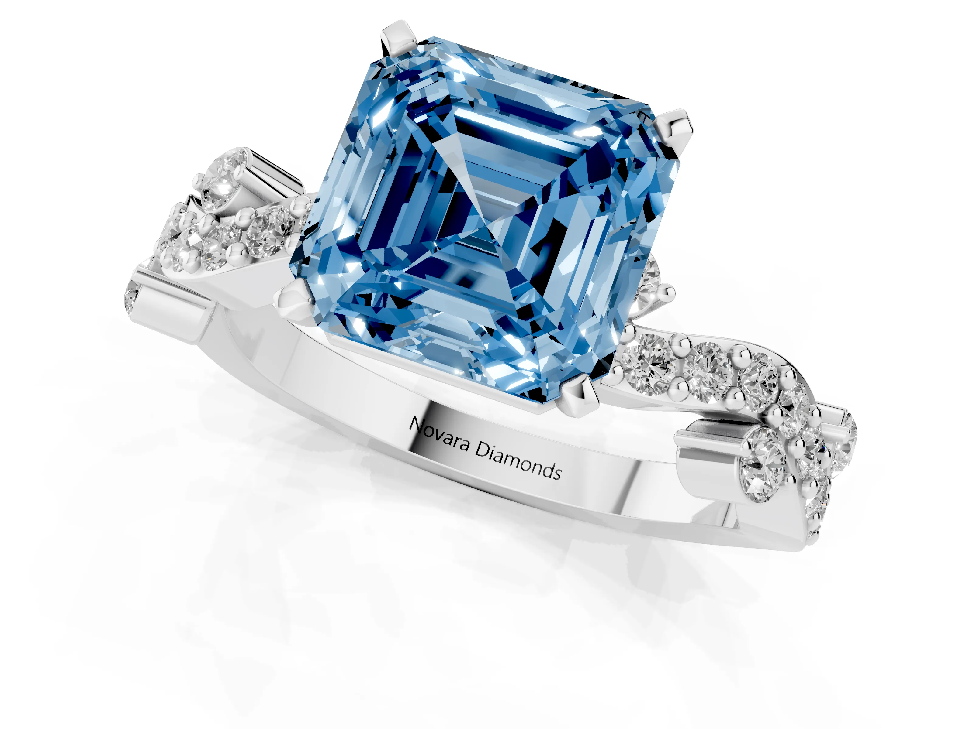 Fancy Blue Asscher Cut Diamond Solitaire Twisted Band Set in White gold with Pavé Setting