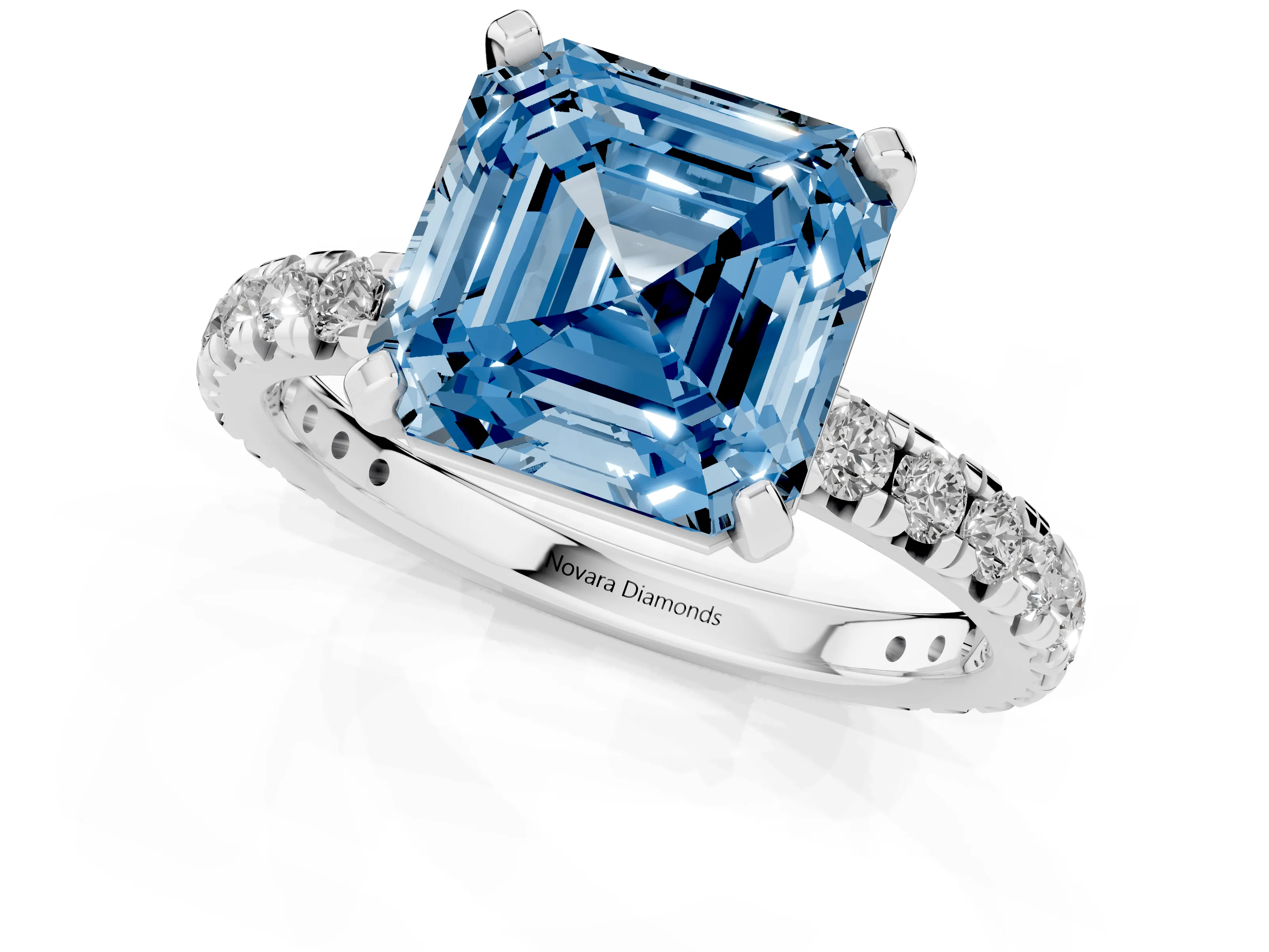 Fancy Blue Asscher Cut Diamond Pavé Solitaire Ring Set in Silver with Round Band and Prong Setting