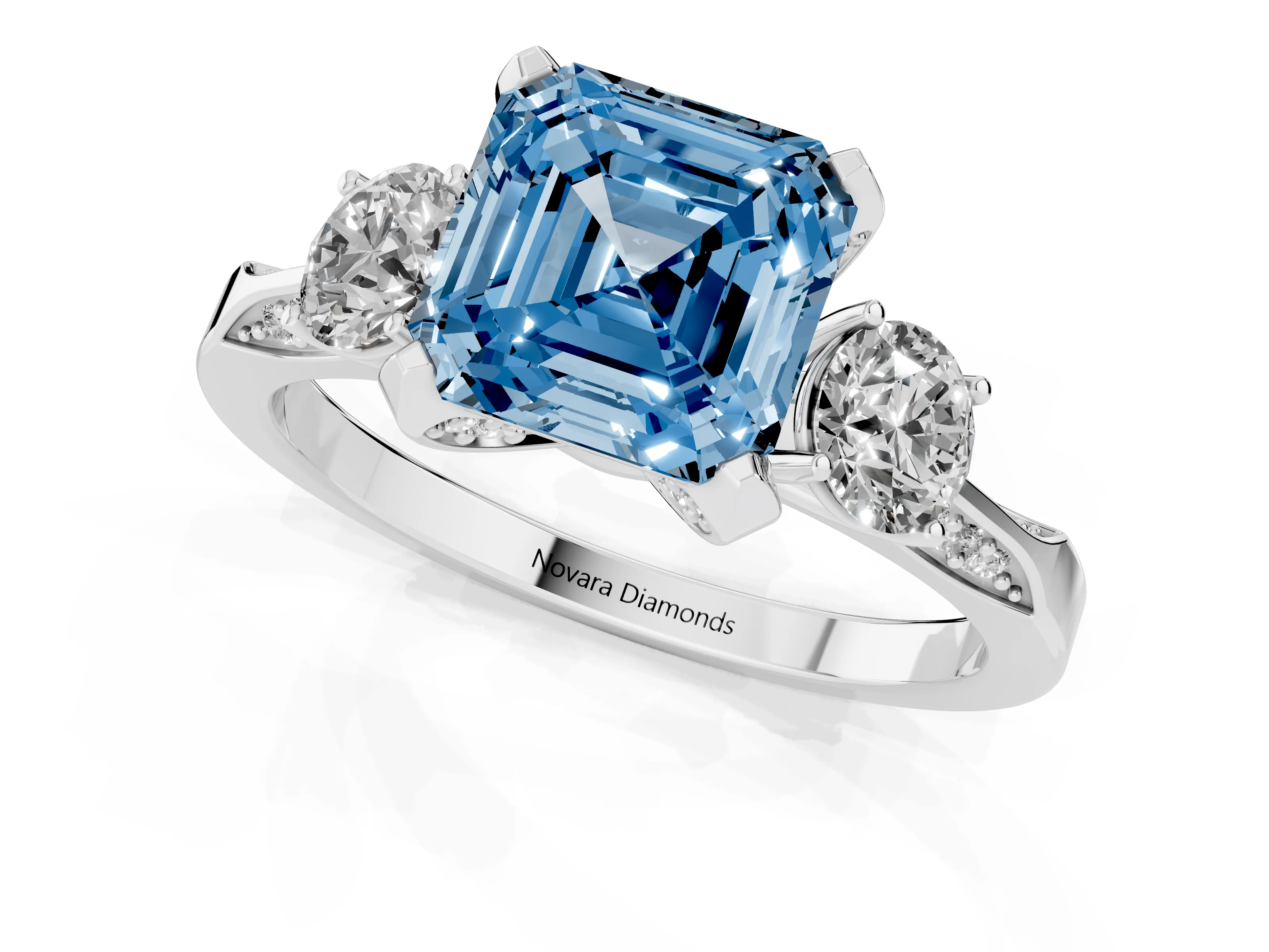 Fancy Blue Asscher Cut Diamond Three-Stone Ring Set in Silver with Pavé Band and Smaller Side Stones