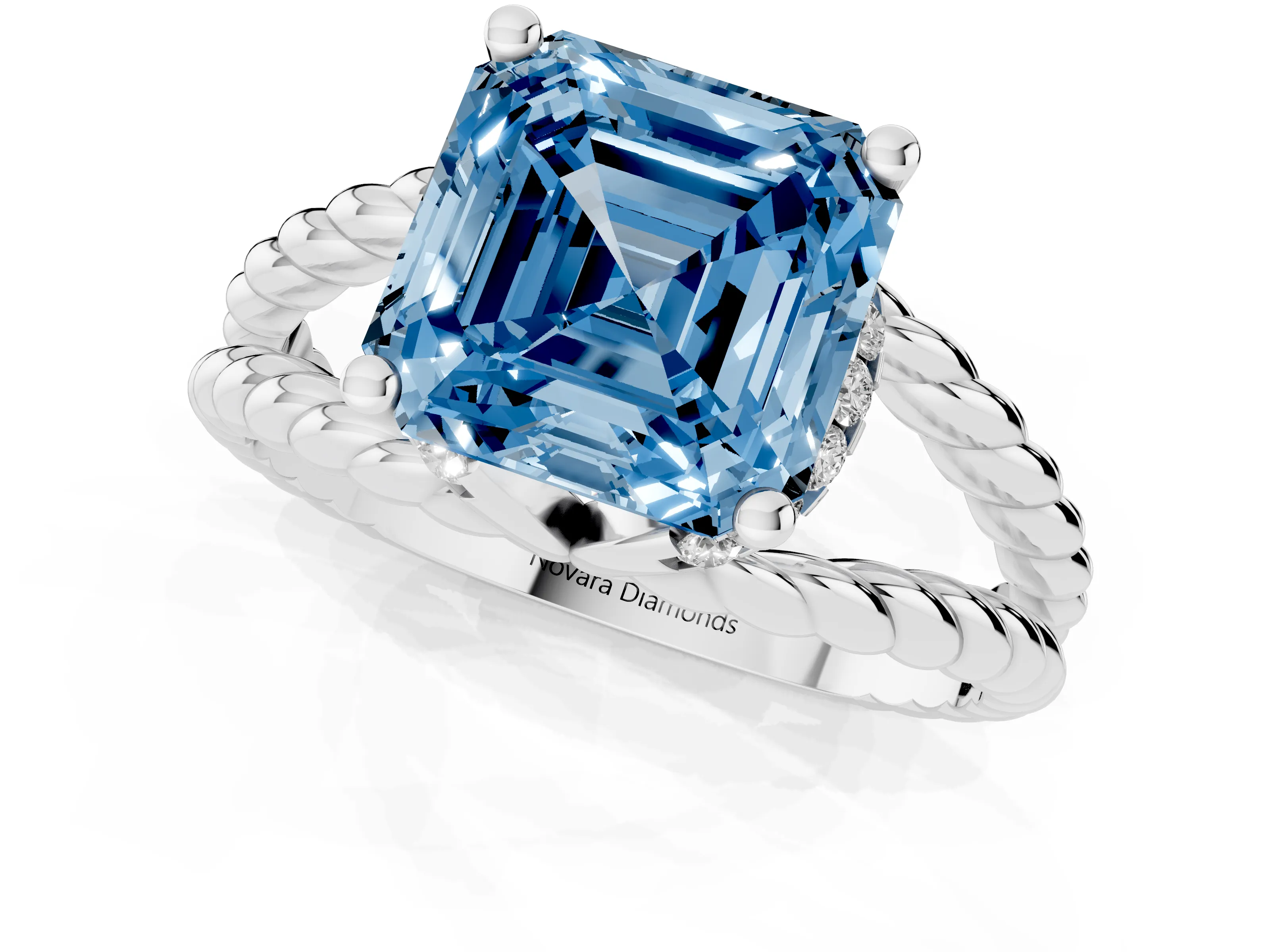 Fancy Blue Asscher Cut Diamond Halo Ring Set in White gold with Twisted Band and Prong Setting