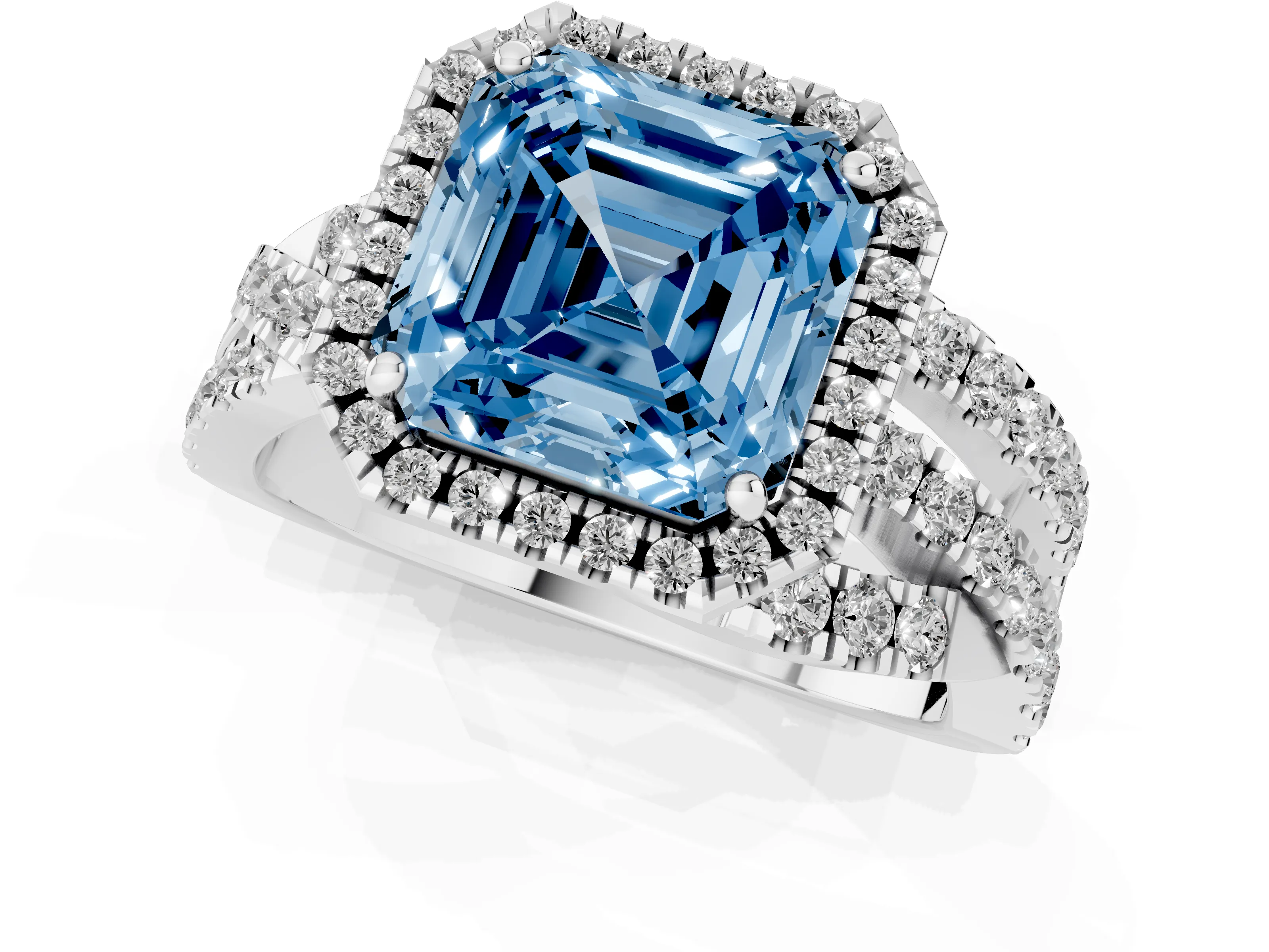 Fancy Blue Asscher Cut Diamond Halo Ring Set in White gold with Round Crossover Split Shank and Prong Setting