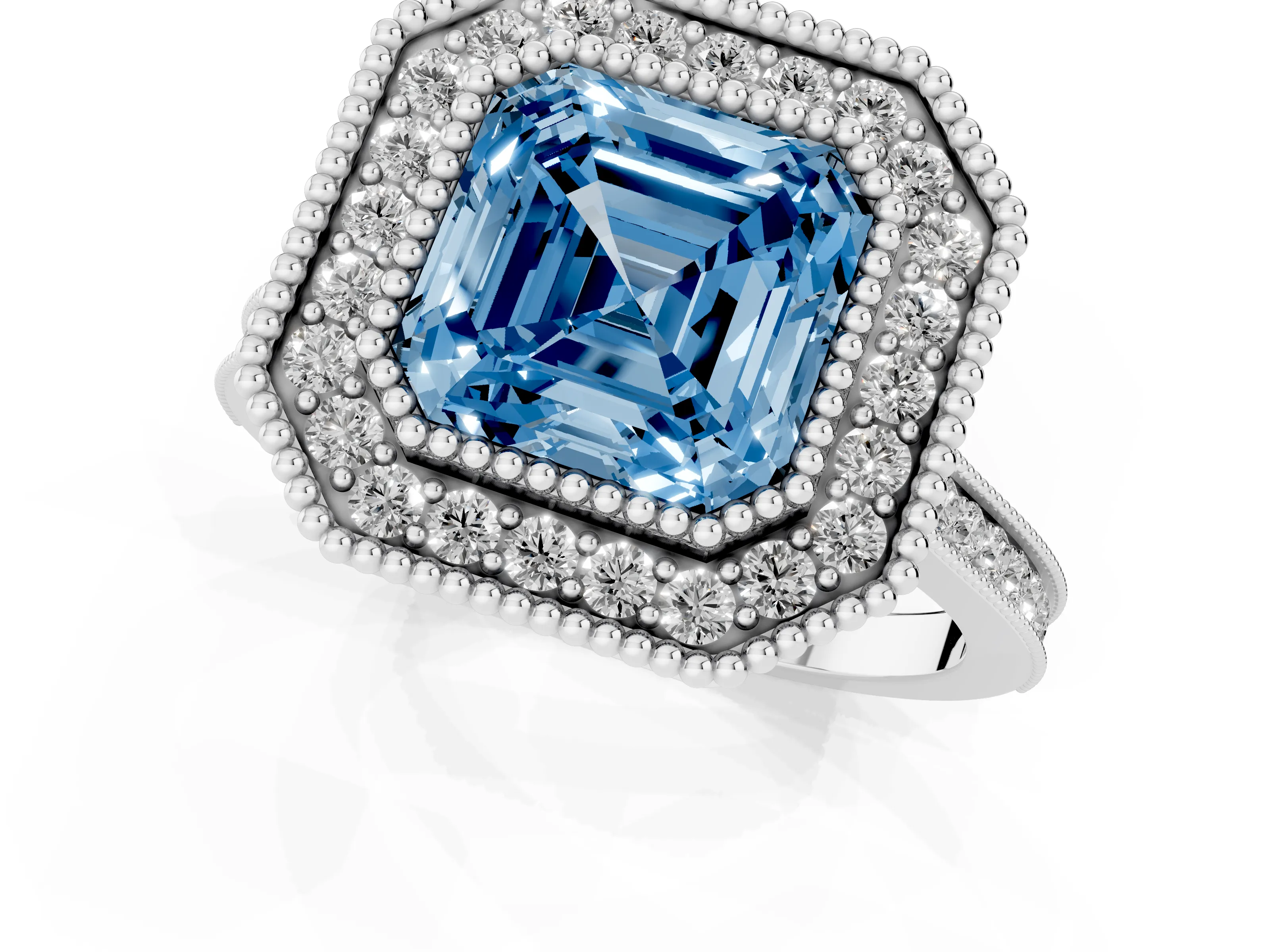 Fancy Blue Asscher Cut Diamond Halo Ring Set in Platinum with Milgrain Frame and Pavé Band