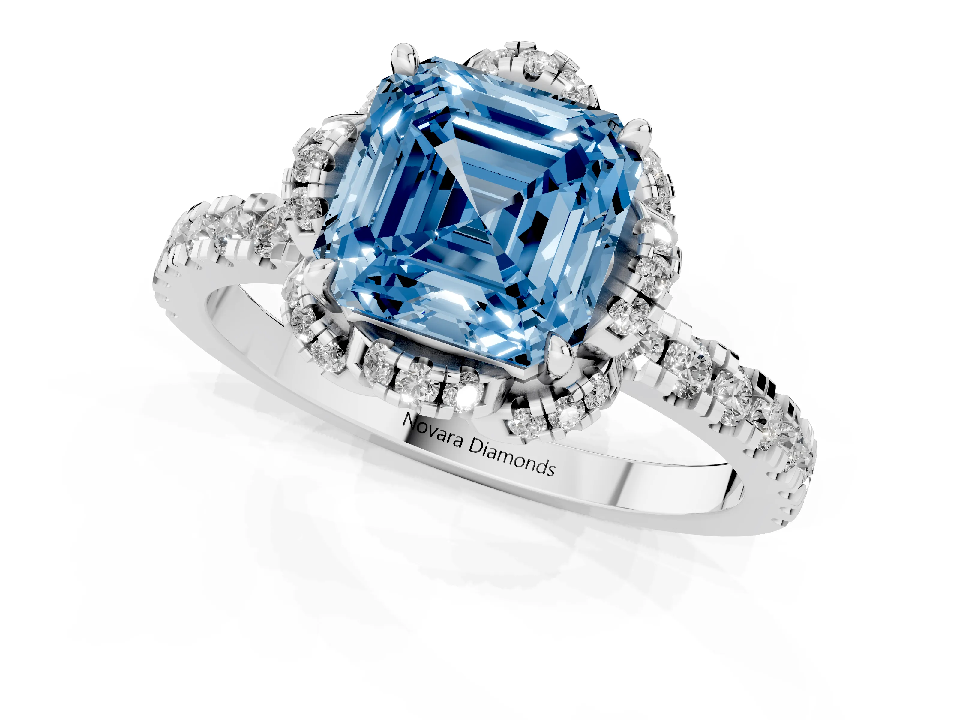 Fancy Blue Asscher Cut Diamond Halo Pavé Ring Set in White gold with Prong-Held Center Stone