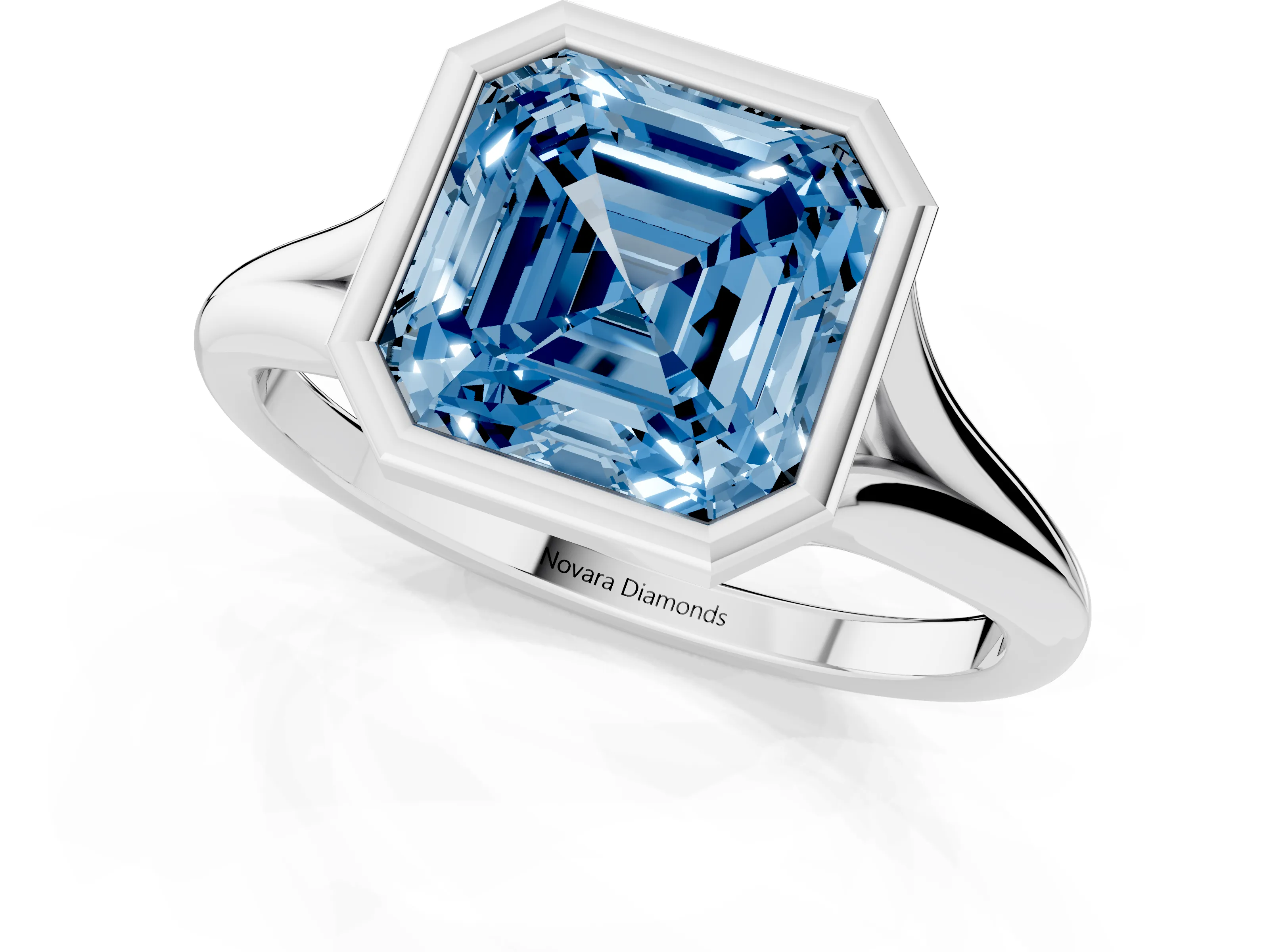 Fancy Blue Bezel Set Asscher Cut Diamond Solitaire Ring Set in Platinum with Tapered Band
