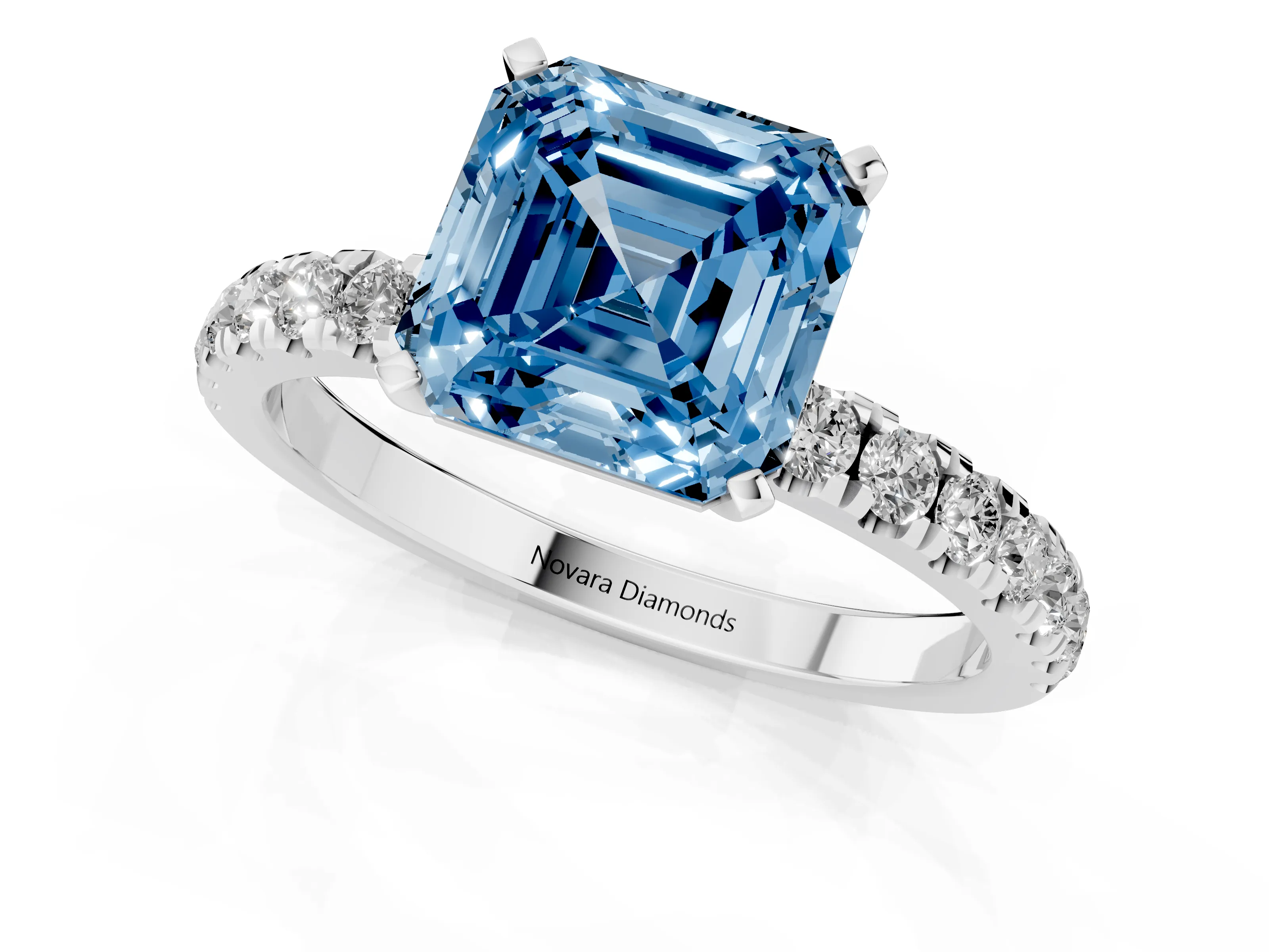 Fancy Blue Asscher Cut Diamond Solitaire Ring Set in Platinum with Pavé Accents and Prong Setting