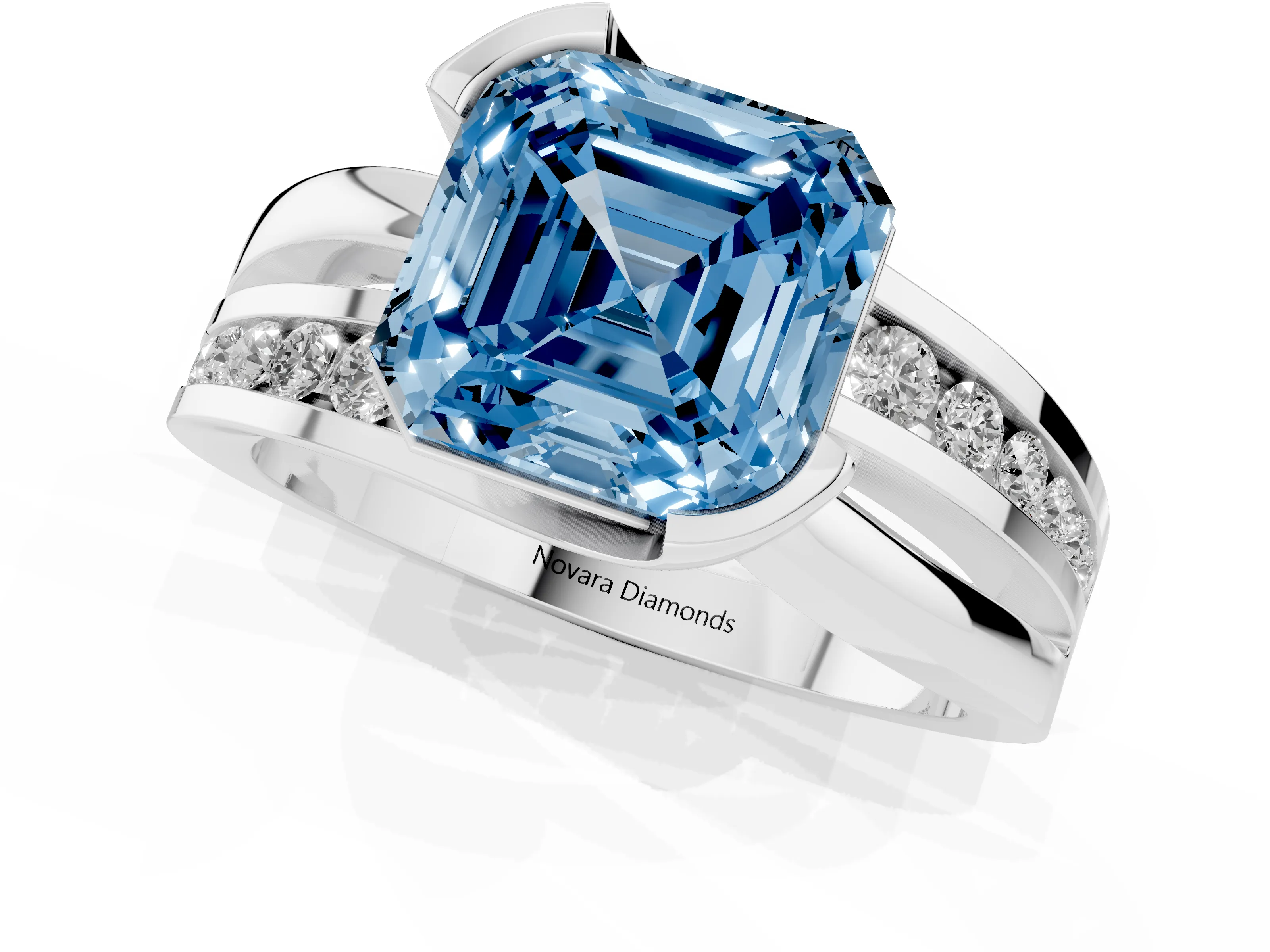 Fancy Blue Asscher Cut Diamond Solitaire Ring Set in White gold with Channel Set Split Shank and Tension Prongs
