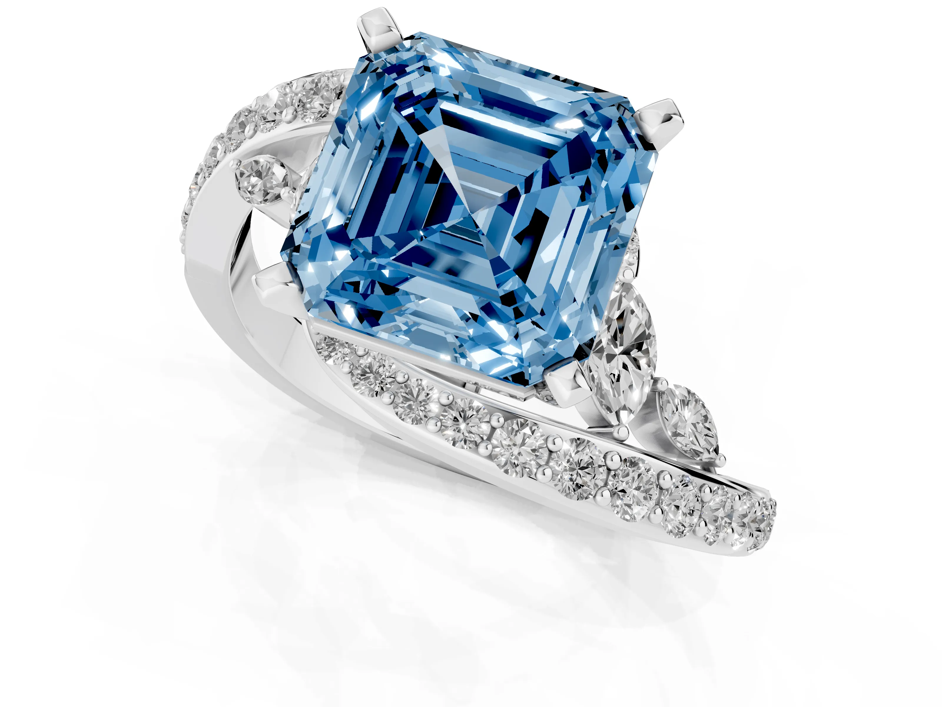 Fancy Blue Asscher Cut Diamond Solitaire Ring Set in Silver with Pavé Twist Band and Secure Prong Setting