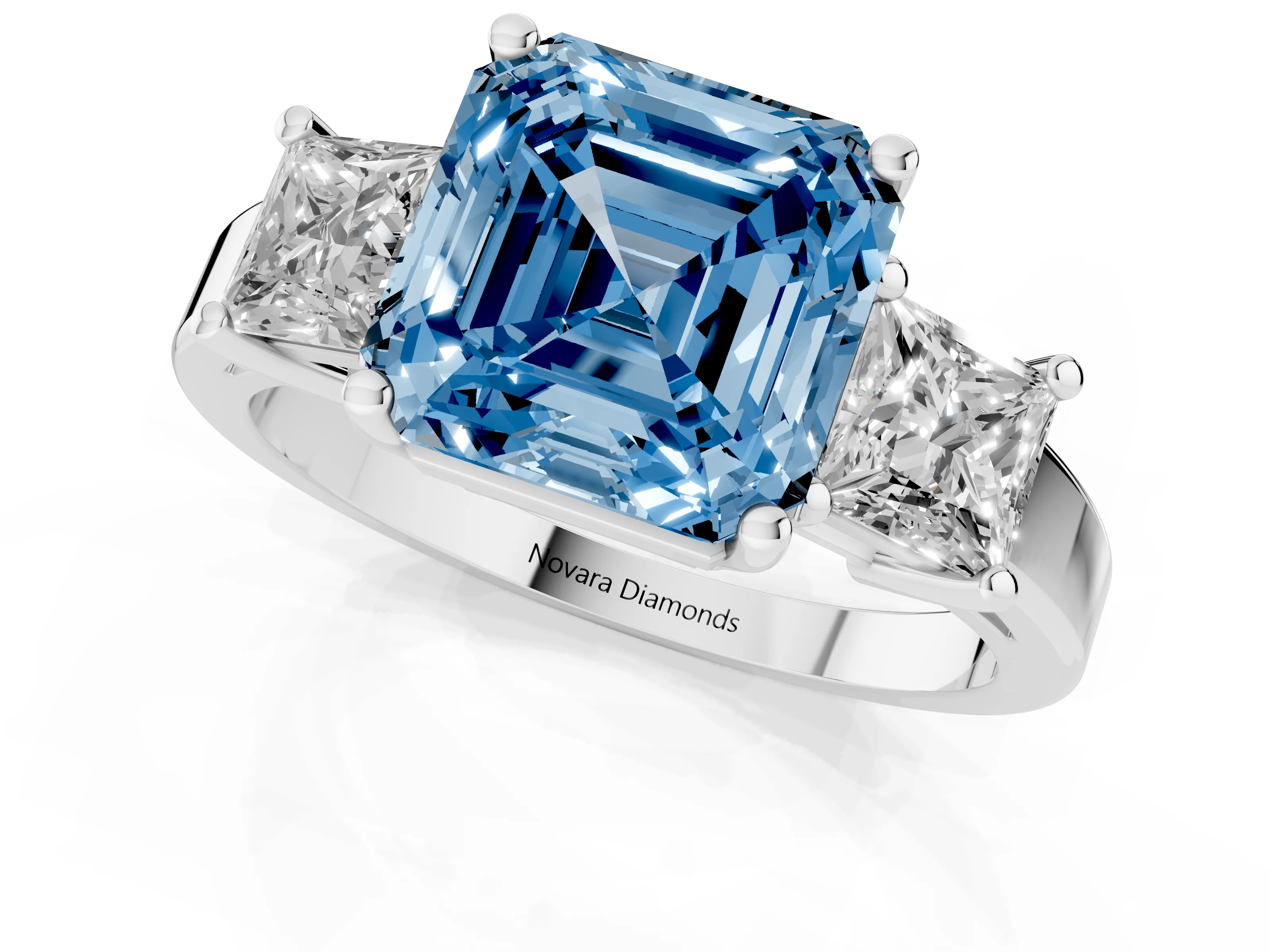 Fancy Blue Three-Stone Asscher Cut Diamond Solitaire Ring Set in Silver with Prong Setting