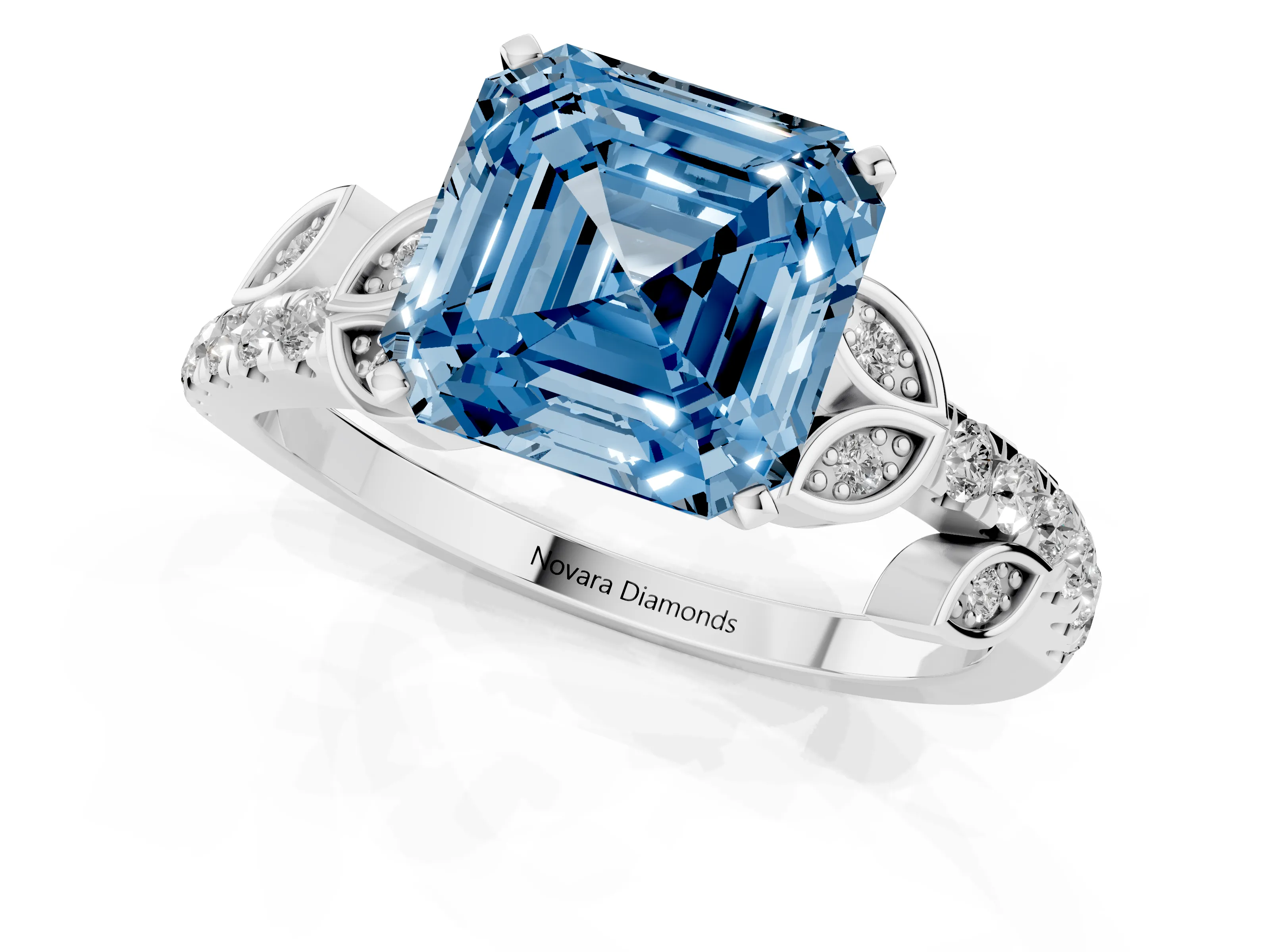 Fancy Blue Asscher Cut Diamond Solitaire Leaf-Inspired Ring Set in White gold with Pavé Band and Prong Setting
