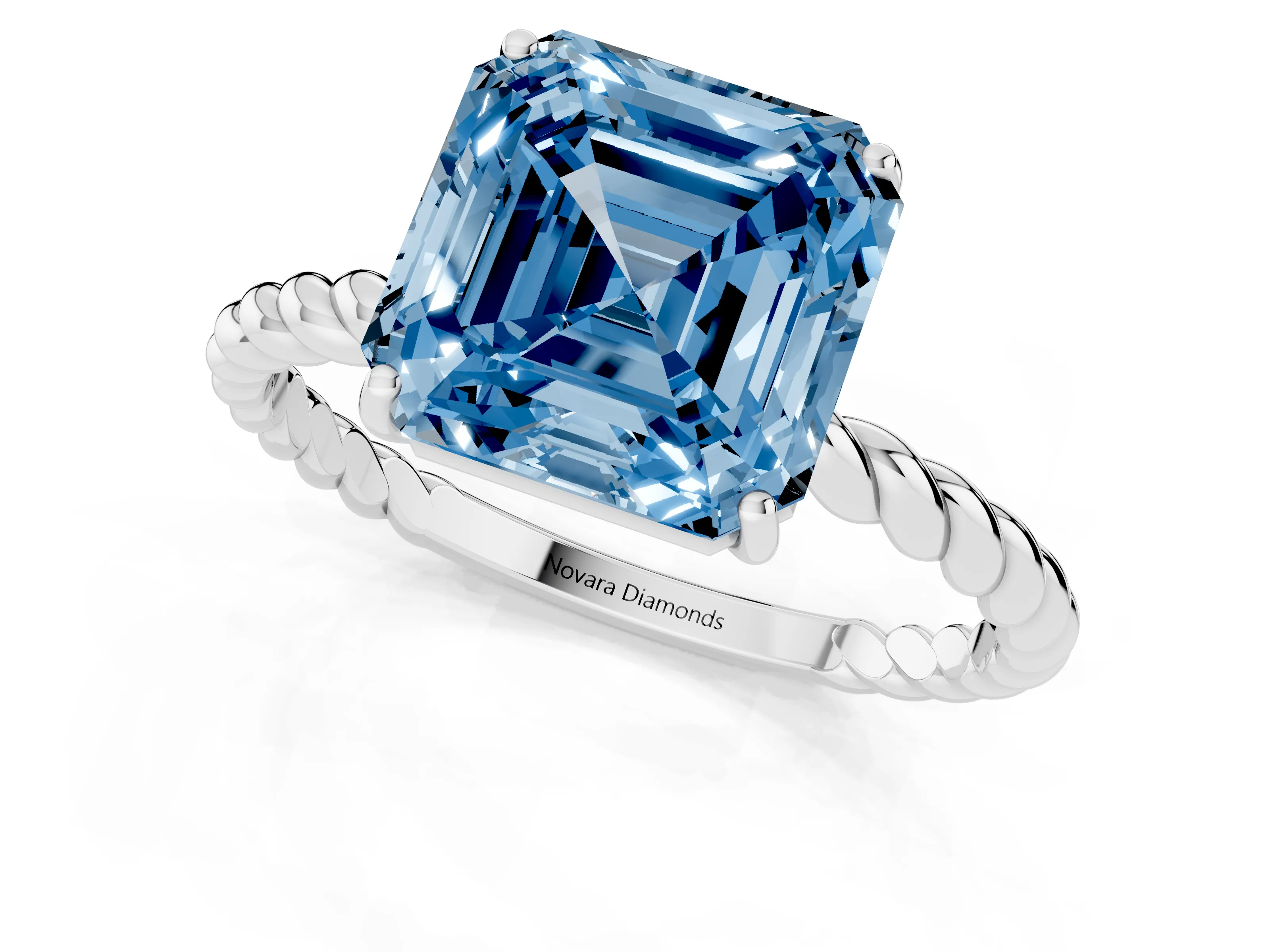 Fancy Blue Asscher Cut Diamond Solitaire Ring Set in Platinum with Twist Band and Prong Setting