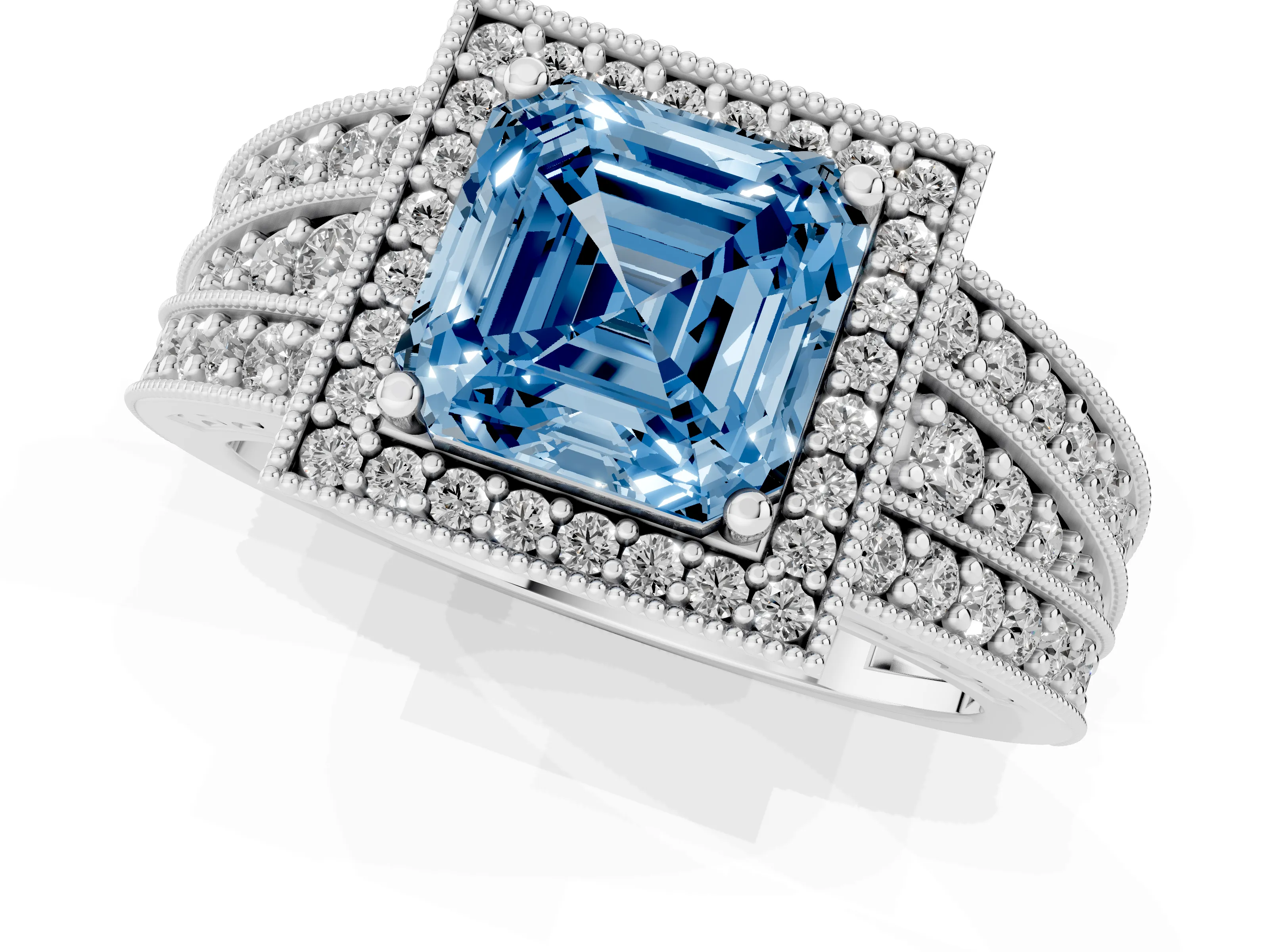 Fancy Blue Asscher Cut Diamond Halo Ring Set in Silver with Accent Split Shank and Prong Setting
