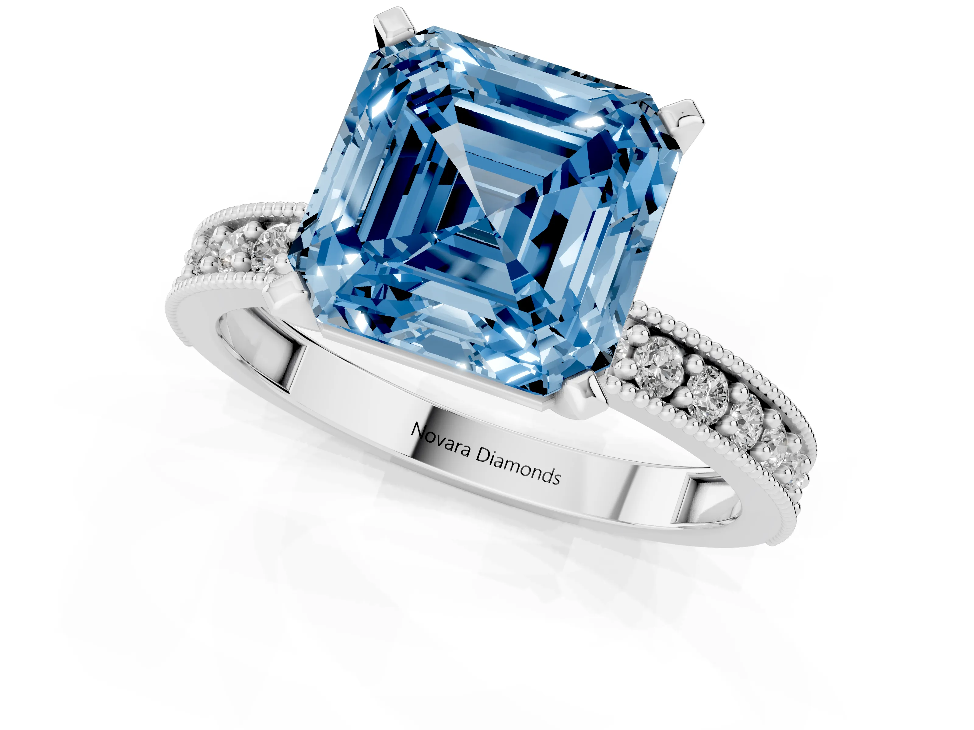 Fancy Blue Asscher Cut Diamond Milgrain Pavé Engagement Ring Set in Silver with Prong Setting