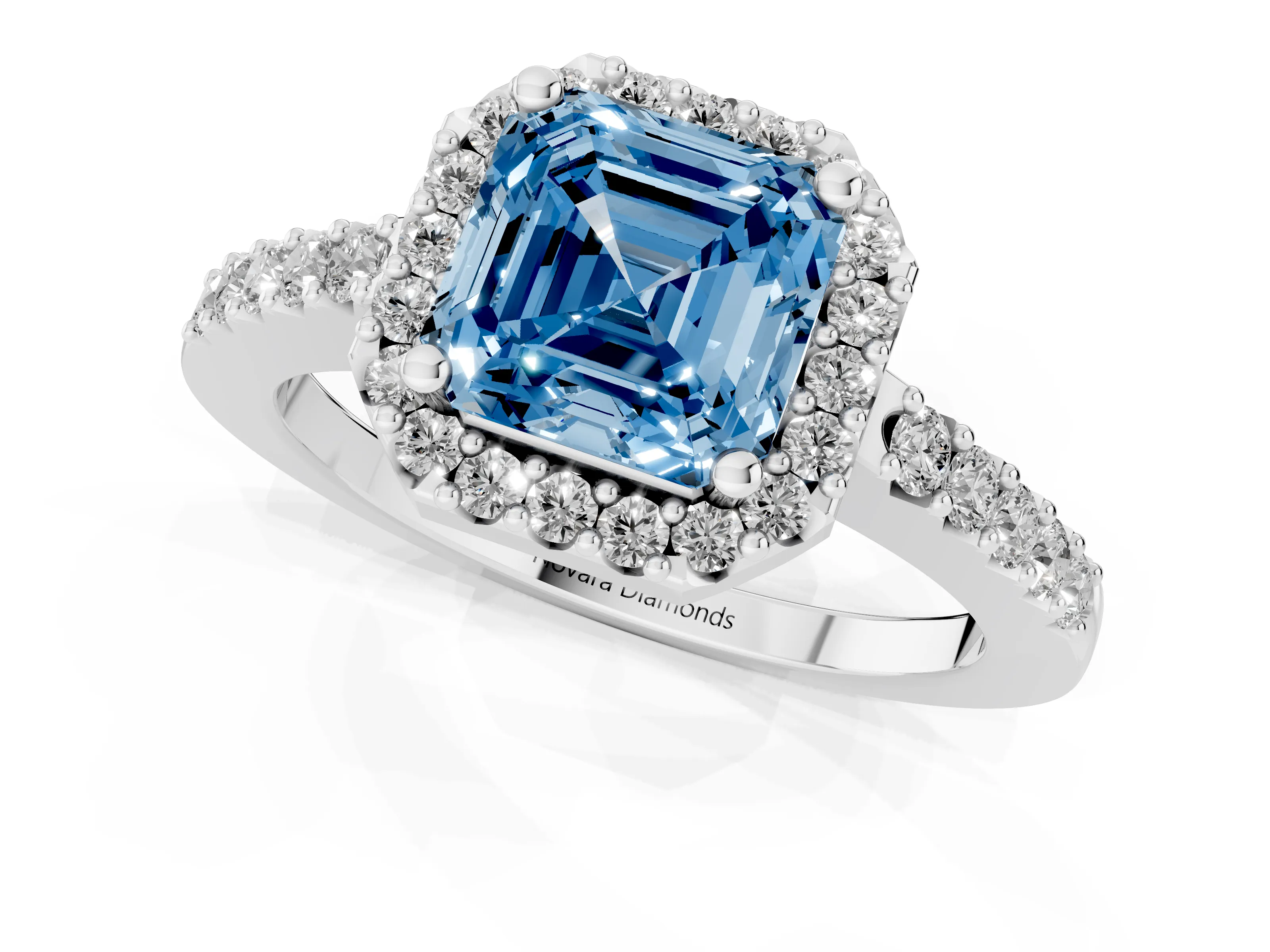 Fancy Blue Asscher Cut Diamond Halo Pavé Solitaire Ring Set in Platinum with Prong-Set Center Stone