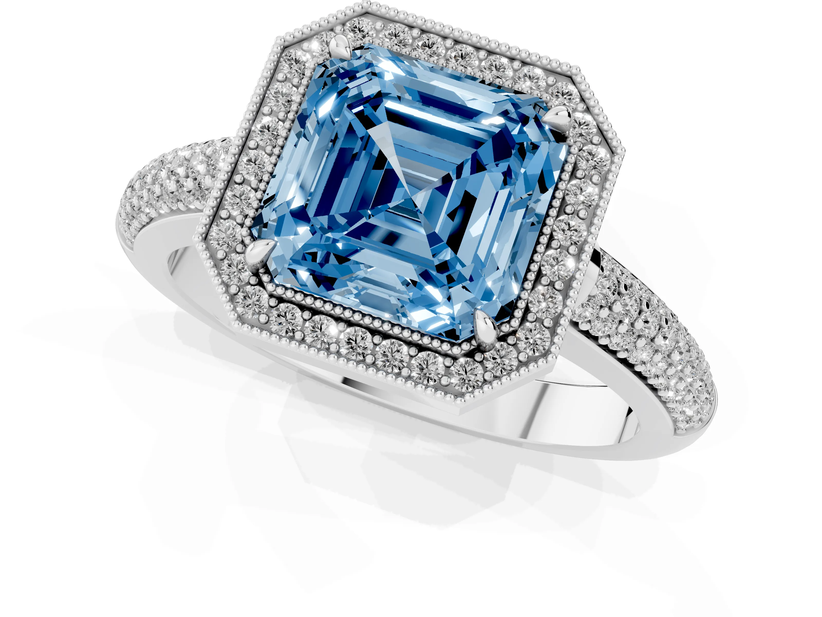 Fancy Blue Asscher Cut Diamond Halo Pavé Band Set in Silver with Prong Setting