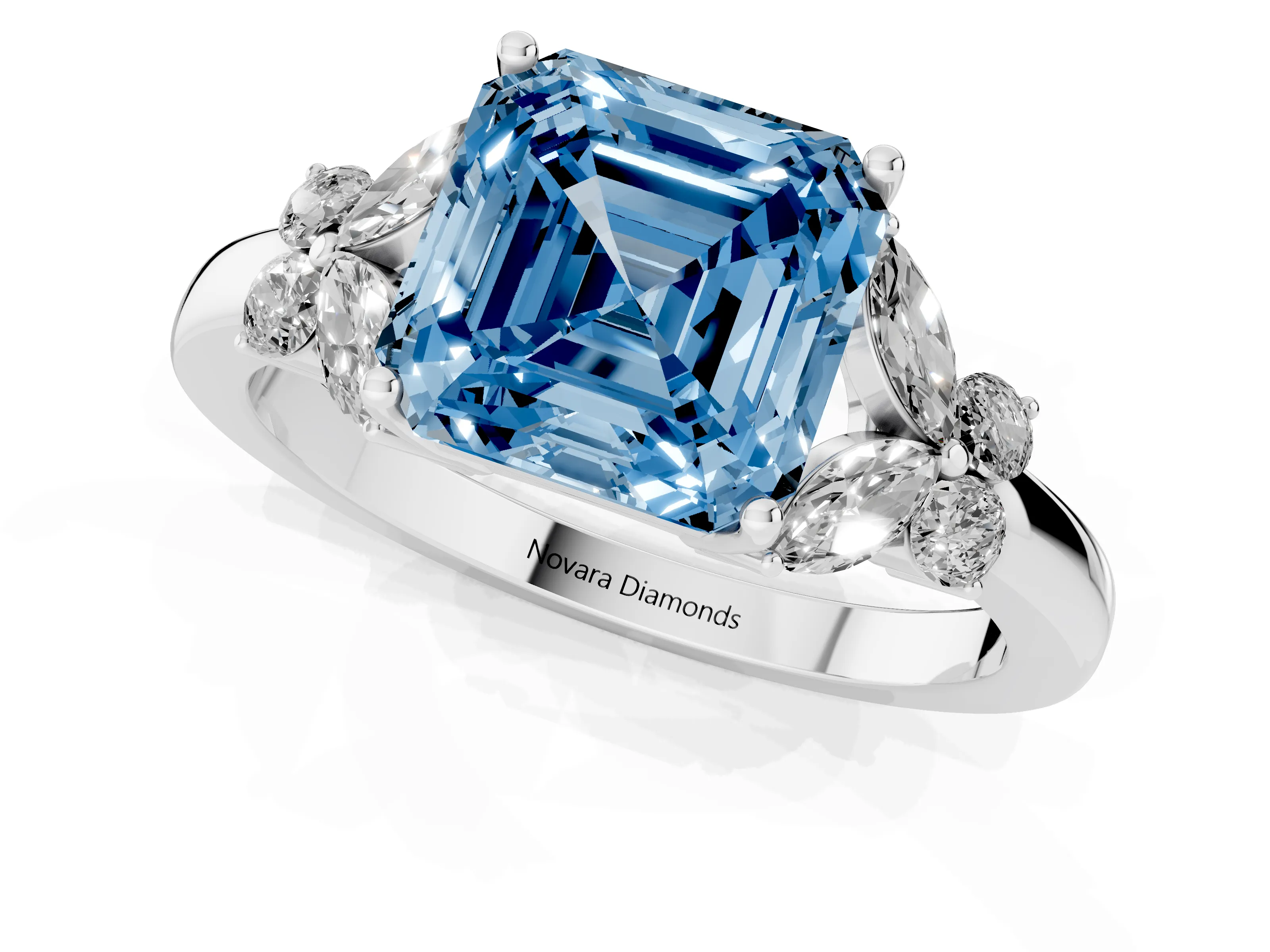 Fancy Blue Asscher Cut Diamond Solitaire Floral Ring Set in Platinum with Marquise Petals and Prong Setting