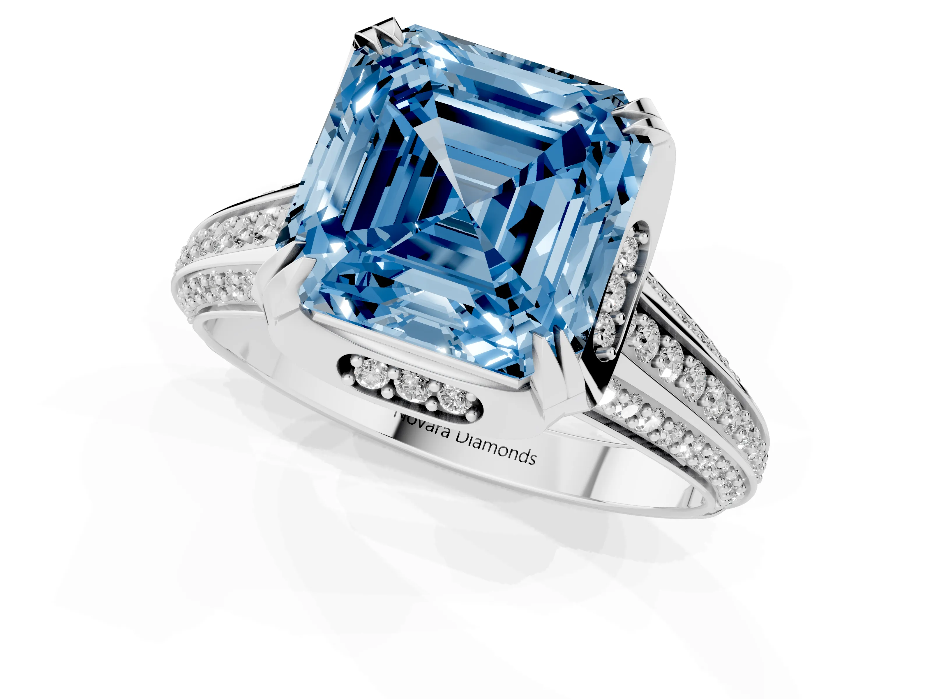 Fancy Blue Asscher Cut Diamond Pavé Split Shank Solitaire Ring Set in Platinum with Prong Setting