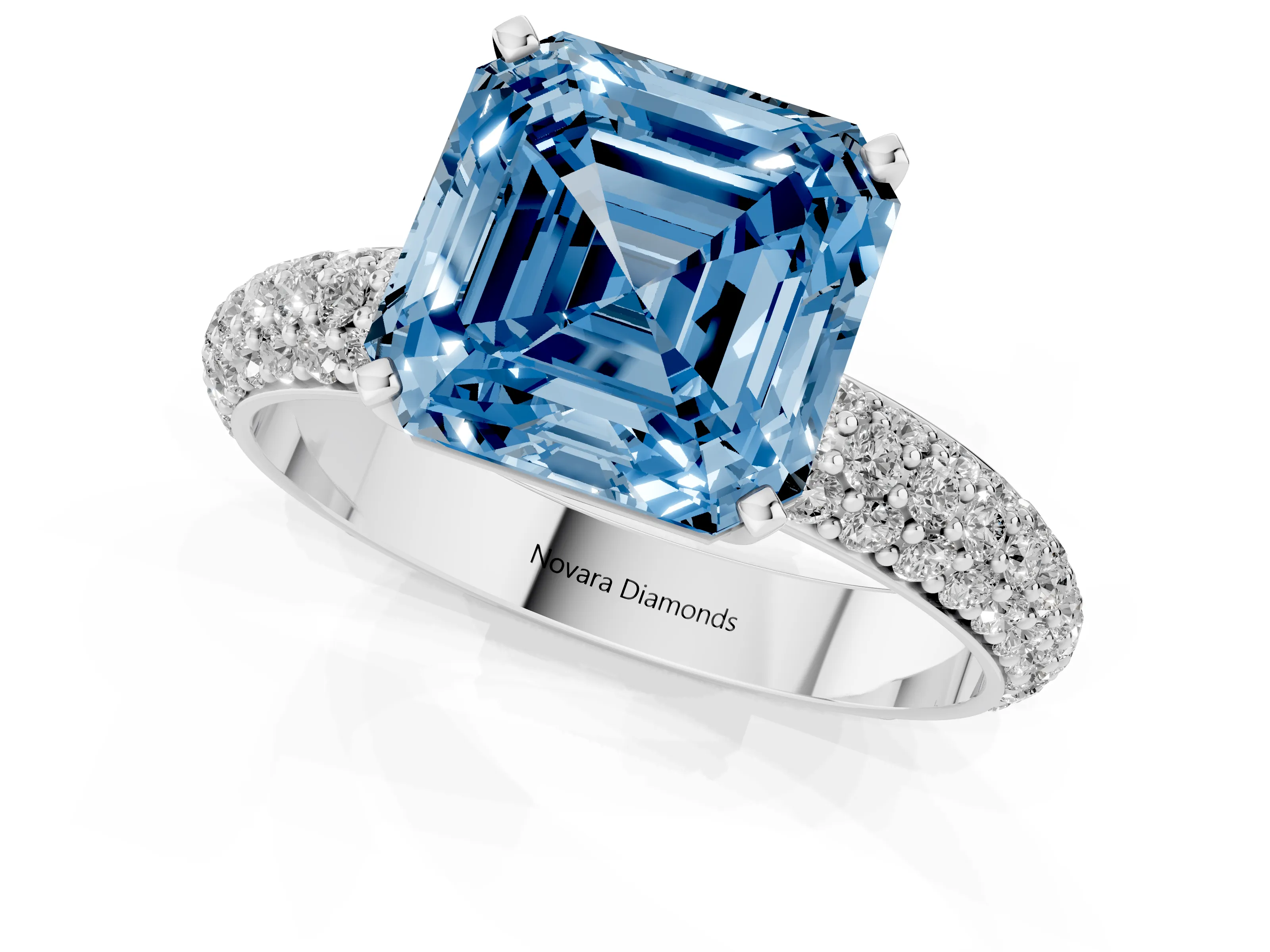 Fancy Blue Asscher Cut Diamond Solitaire Ring Set in White gold with Prong Setting and Pavé-Set Band